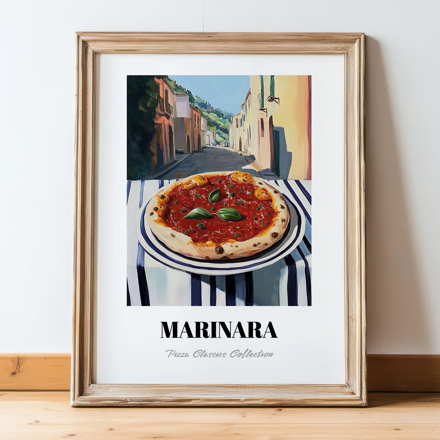 Pizza Marinara – Italian Outdoor Café Scene, Pizza Painting, in wooden frame leaning on the floor