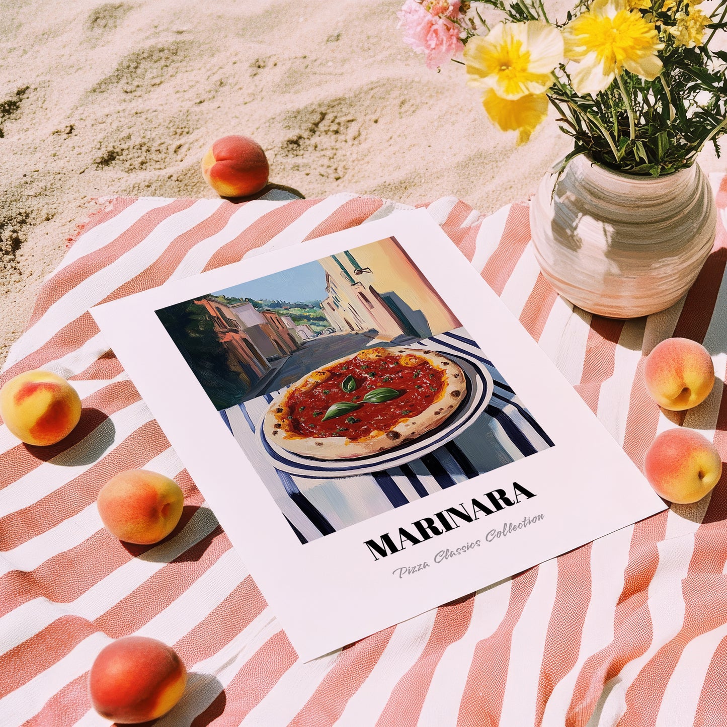 Pizza Marinara – Italian Outdoor Café Scene, Pizza Painting, unframed on coastal sand
