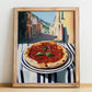 Pizza Marinara – Italian Outdoor Café Scene, Pizza Painting, no-text version framed in wood