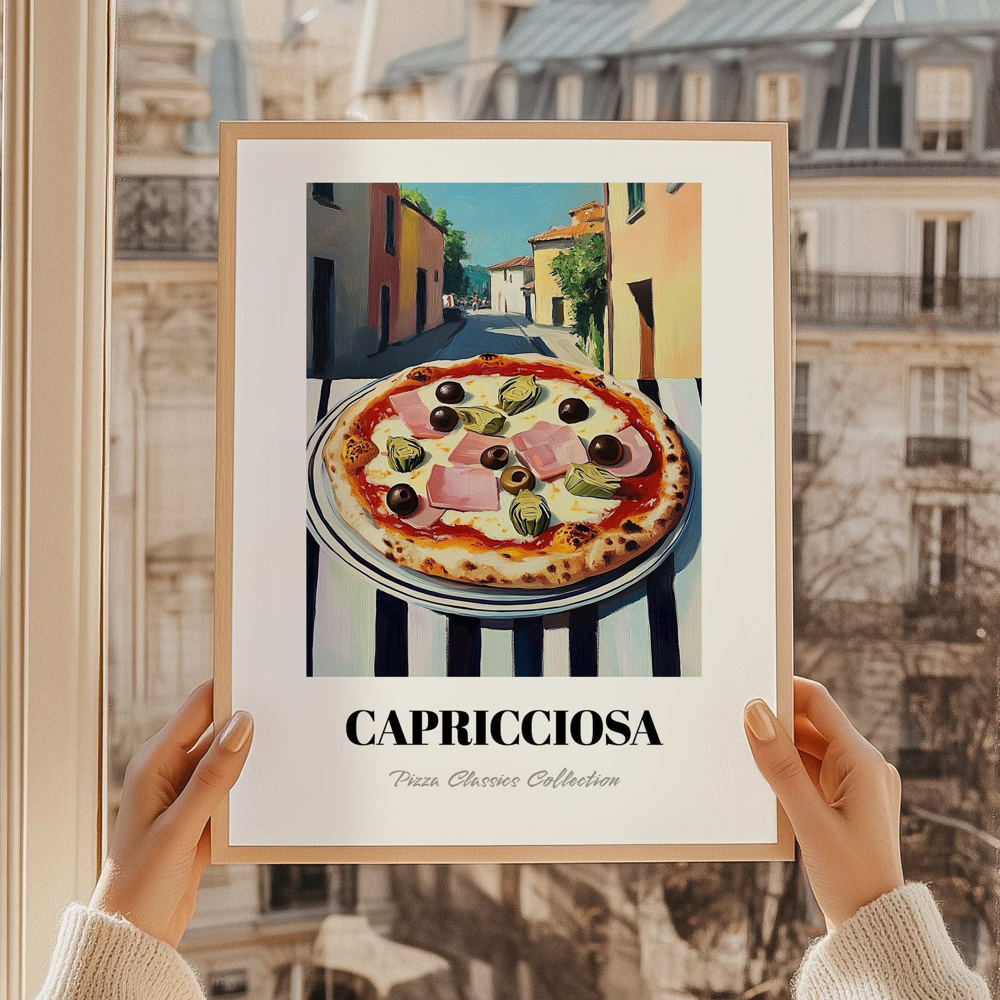 Pizza Capricciosa – Italian Street Café Scene, Pizza Still Life, styled in a charming Paris street view