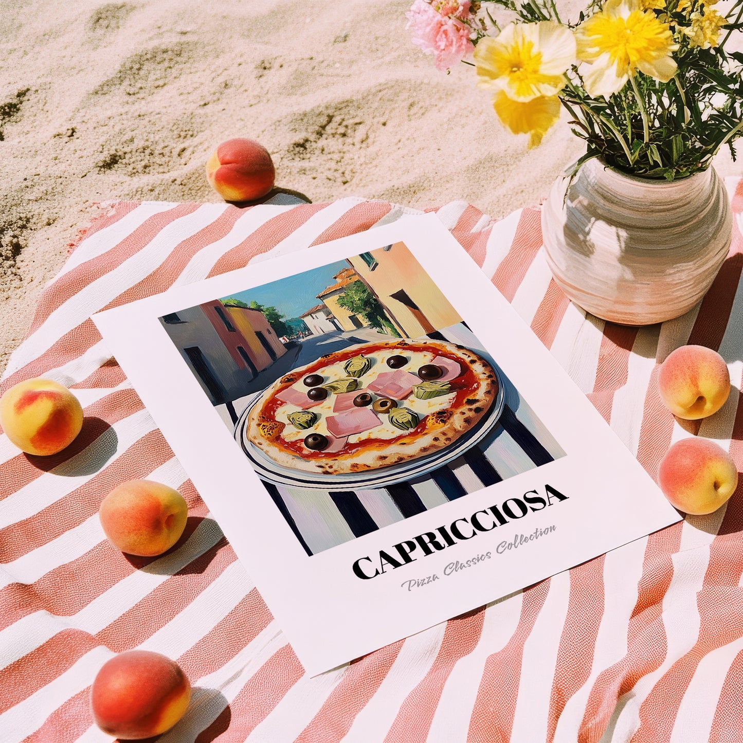 Pizza Capricciosa – Italian Street Café Scene, Pizza Still Life, unframed on coastal sand