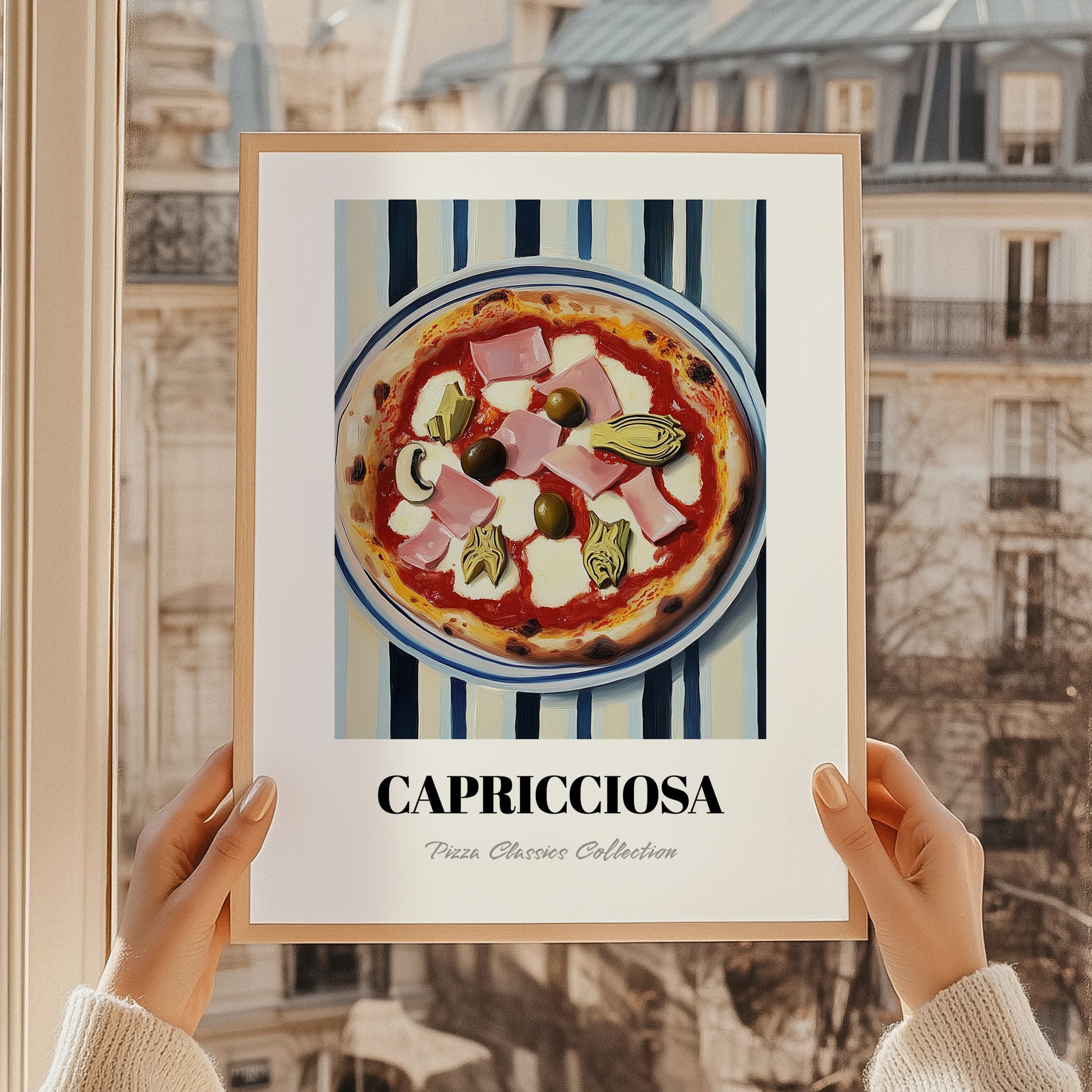 Capricciosa – on Striped Tablecloth, Pizza Wall Decor, styled in a charming Paris street view