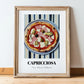 Capricciosa – on Striped Tablecloth, Pizza Wall Decor, in wooden frame leaning on the floor