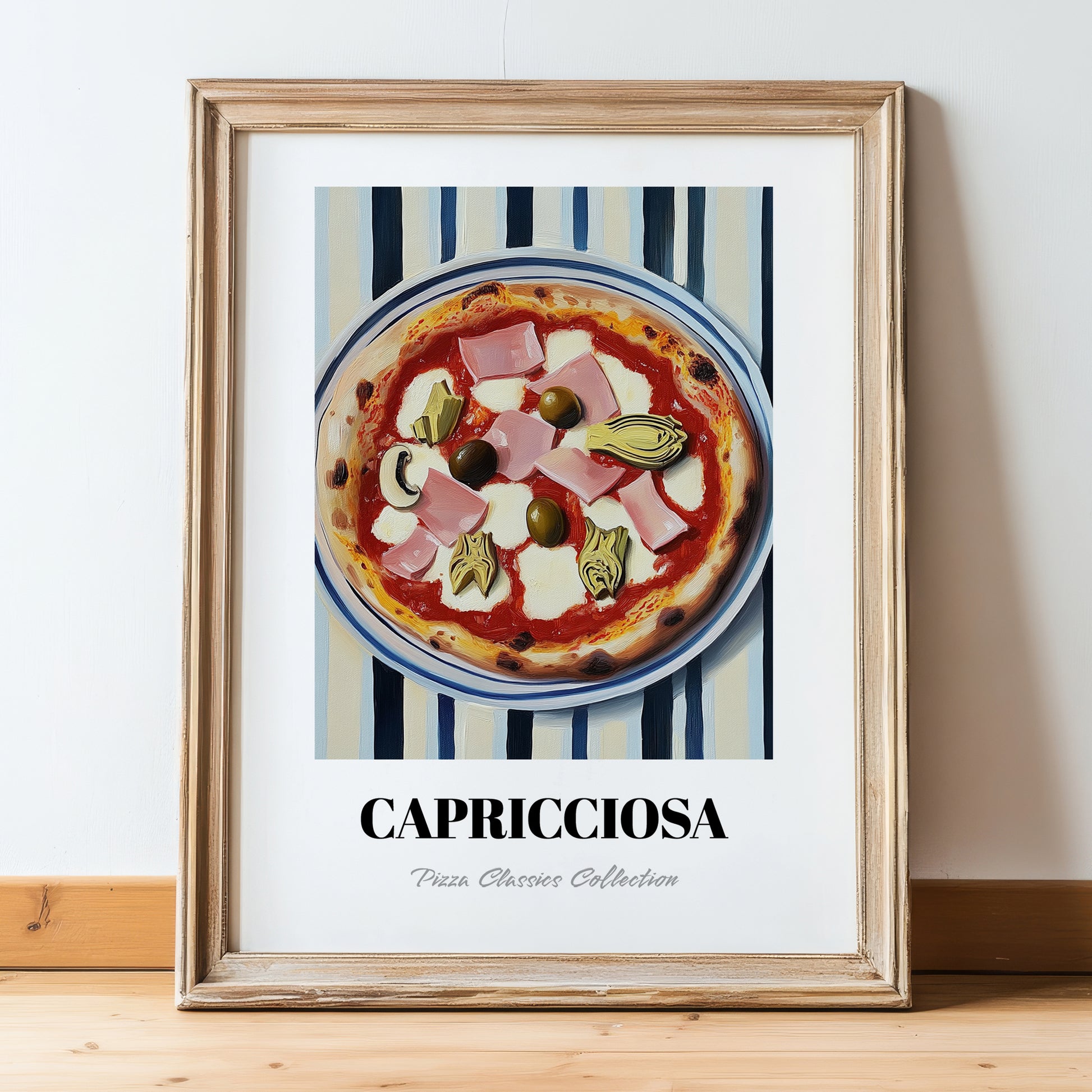 Capricciosa – on Striped Tablecloth, Pizza Wall Decor, in wooden frame leaning on the floor