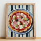 Capricciosa – on Striped Tablecloth, Pizza Wall Decor, no-text version framed in wood