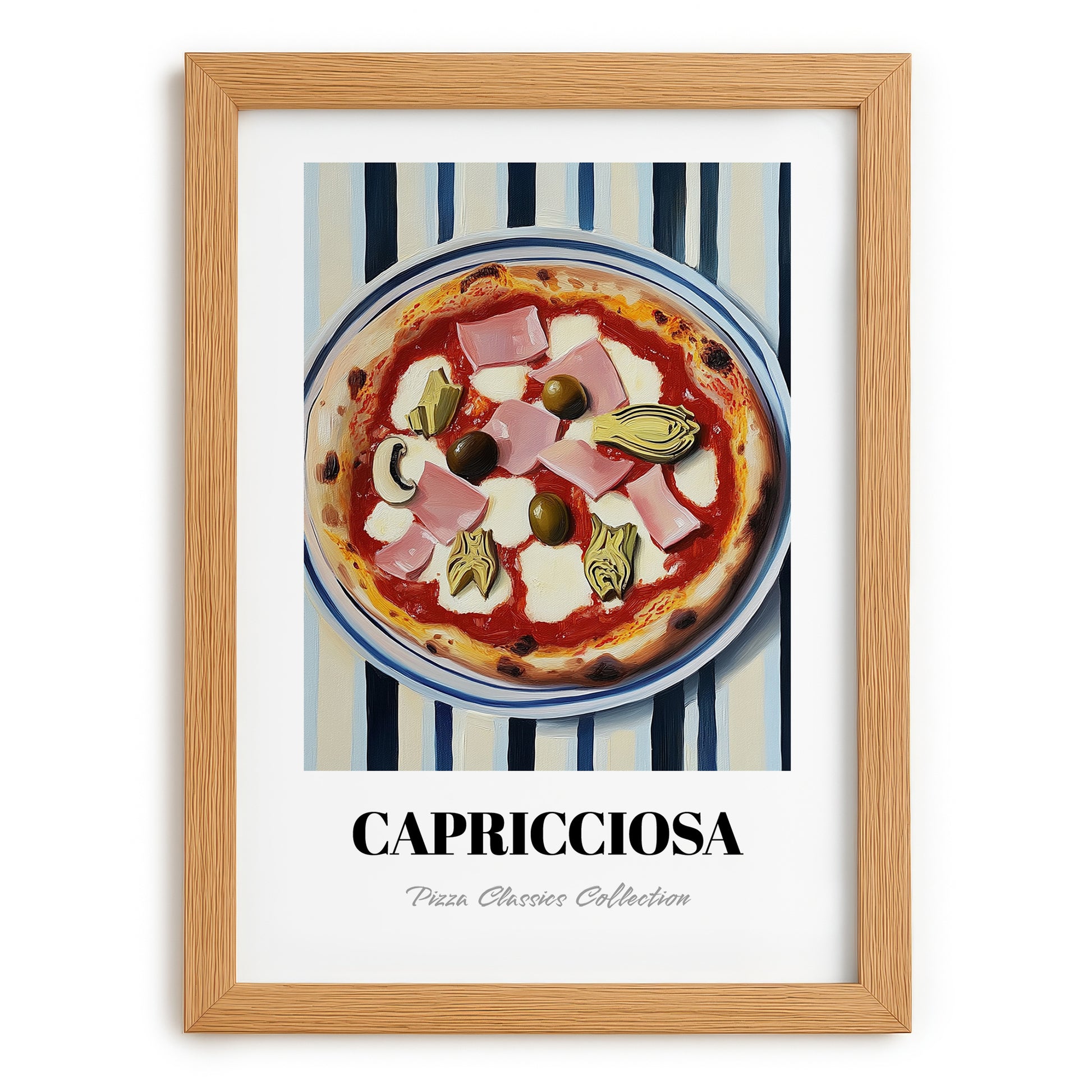 Capricciosa – on Striped Tablecloth, Pizza Wall Decor, set in oak frame