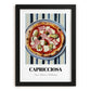Capricciosa – on Striped Tablecloth, Pizza Wall Decor, in sleek black frame
