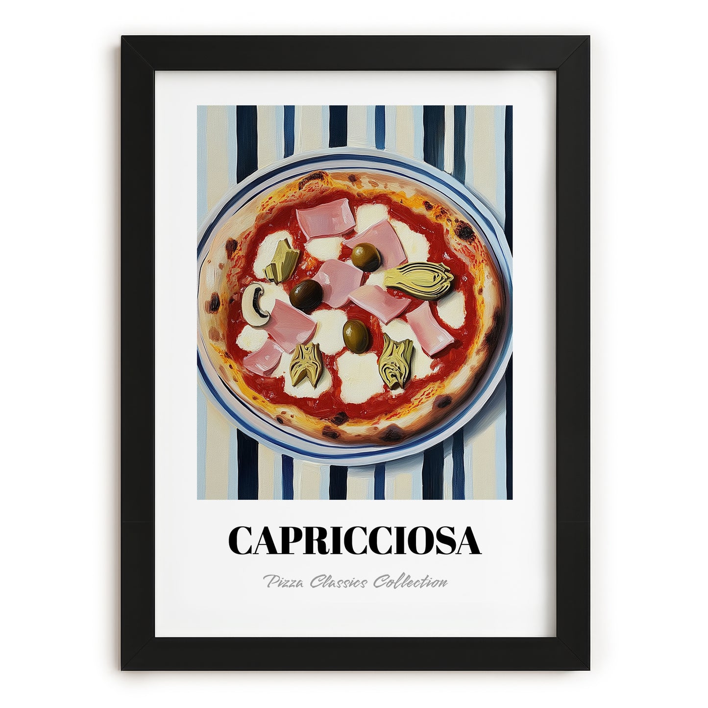 Capricciosa – on Striped Tablecloth, Pizza Wall Decor, in sleek black frame