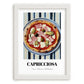 Capricciosa – on Striped Tablecloth, Pizza Wall Decor, placed in minimal white frame