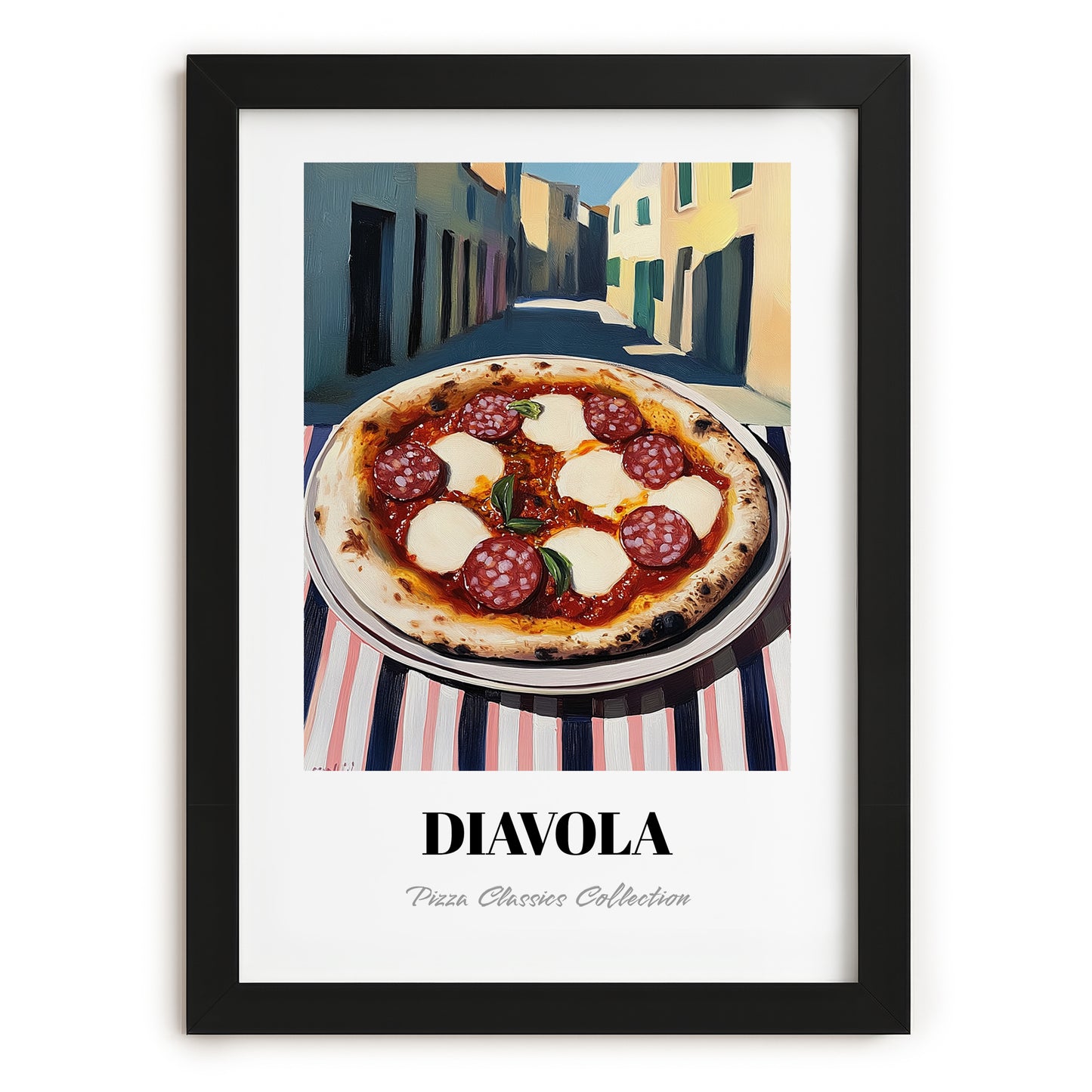 Pizza Diavola – Italian Outdoor Café Scene, Pizza Wall Decor, in sleek black frame