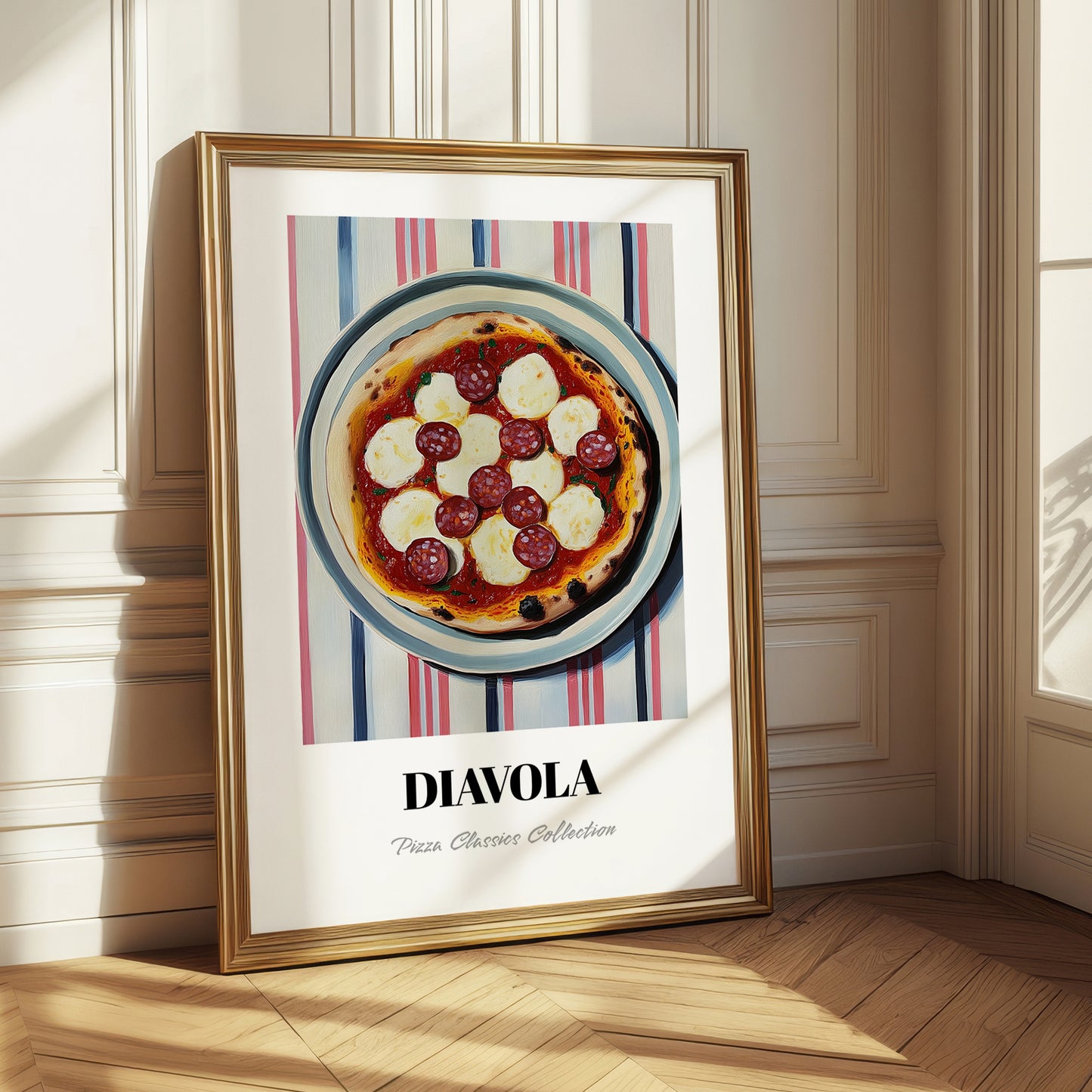Diavola – on Striped Tablecloth, Pizza Poster