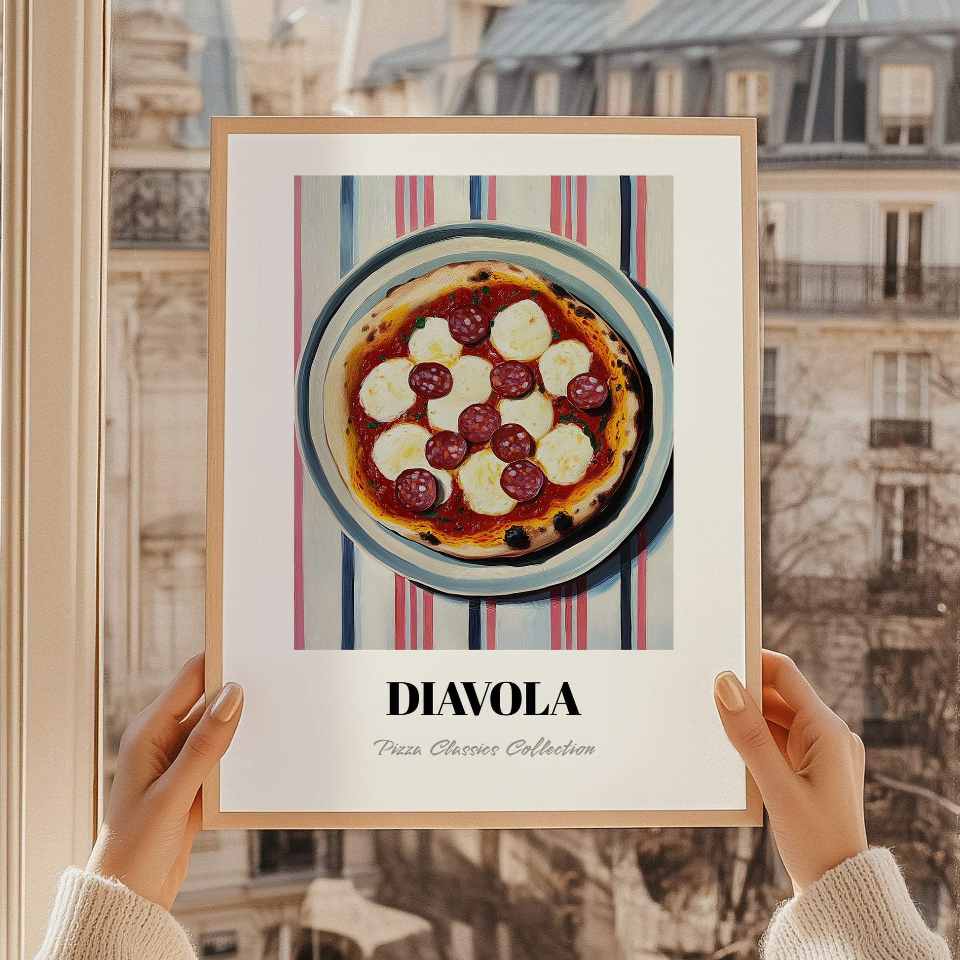 Diavola – on Striped Tablecloth, Pizza Poster, styled in a charming Paris street view