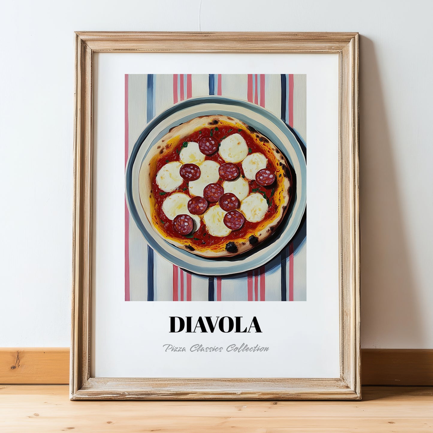 Diavola – on Striped Tablecloth, Pizza Poster, in wooden frame leaning on the floor