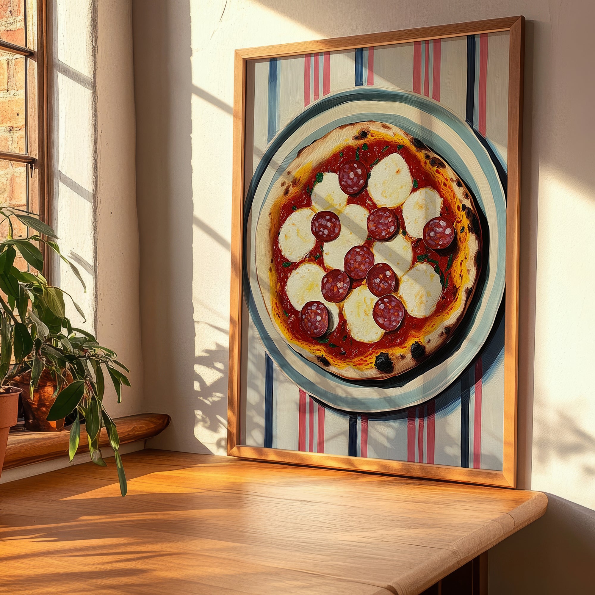 Diavola – on Striped Tablecloth, Pizza Poster, clean layout with no caption