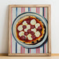 Diavola – on Striped Tablecloth, Pizza Poster, no-text version framed in wood