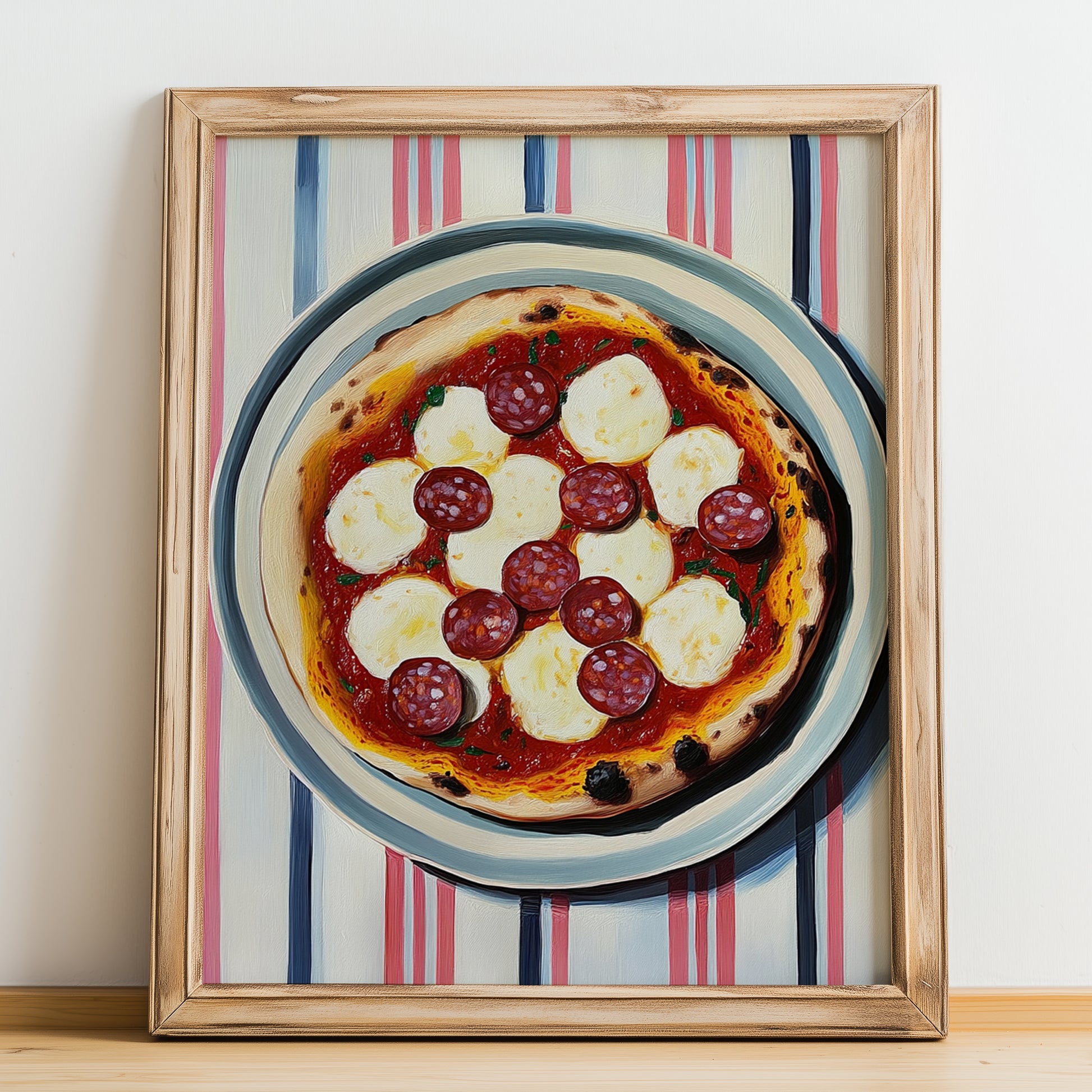 Diavola – on Striped Tablecloth, Pizza Poster, no-text version framed in wood