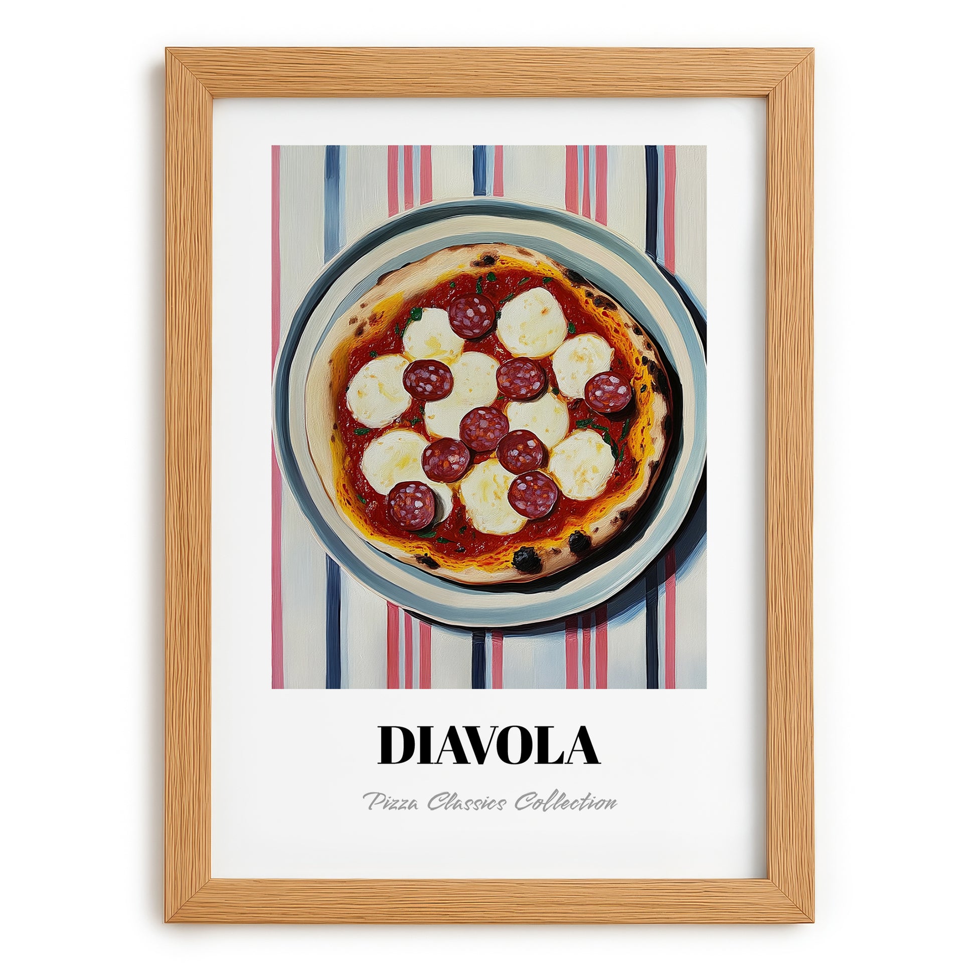 Diavola – on Striped Tablecloth, Pizza Poster, set in oak frame