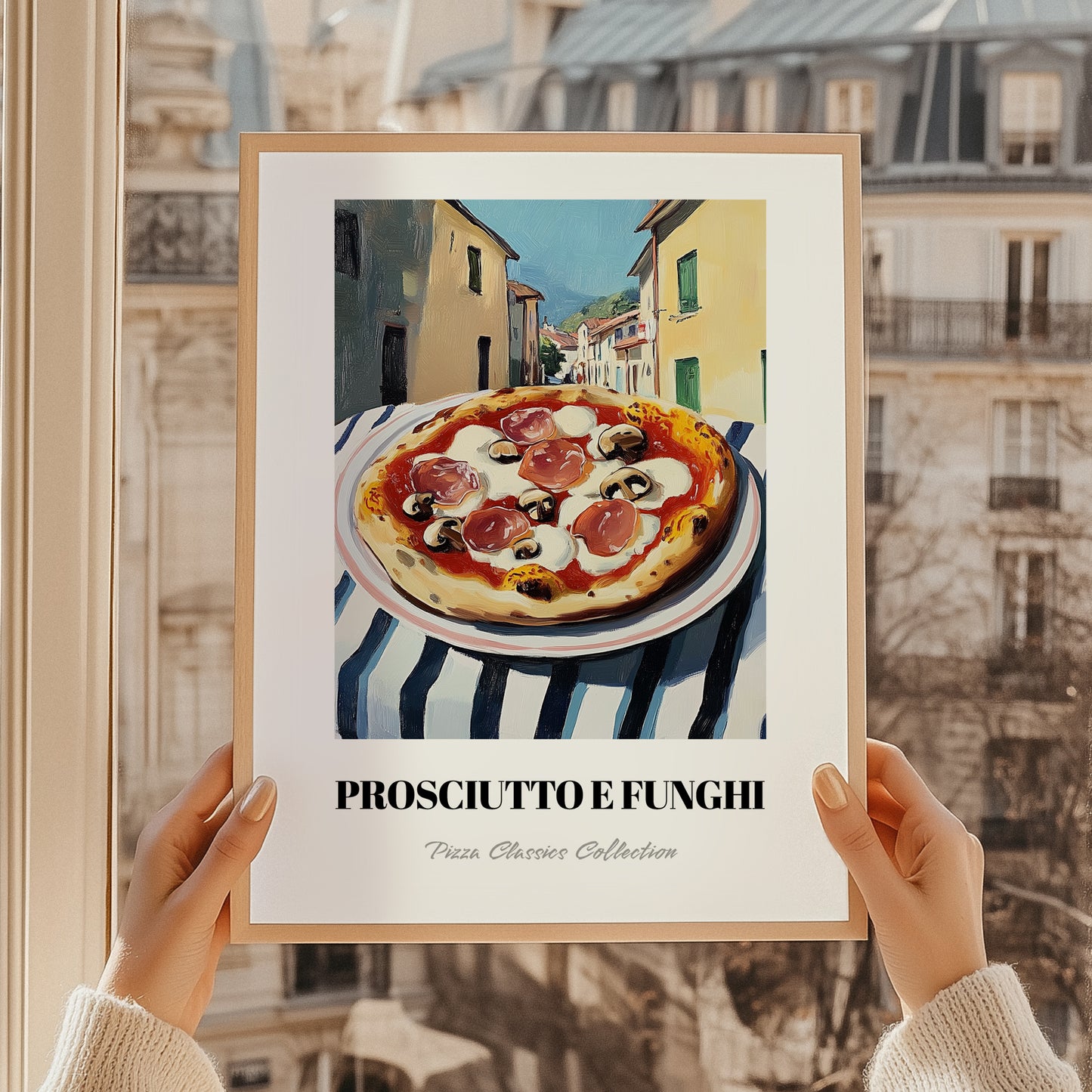 Pizza Prosciutto E Funghi – Italian Urban Café Scene, Pizza Wall Decor, styled in a charming Paris street view