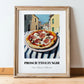 Pizza Prosciutto E Funghi – Italian Urban Café Scene, Pizza Wall Decor, in wooden frame leaning on the floor
