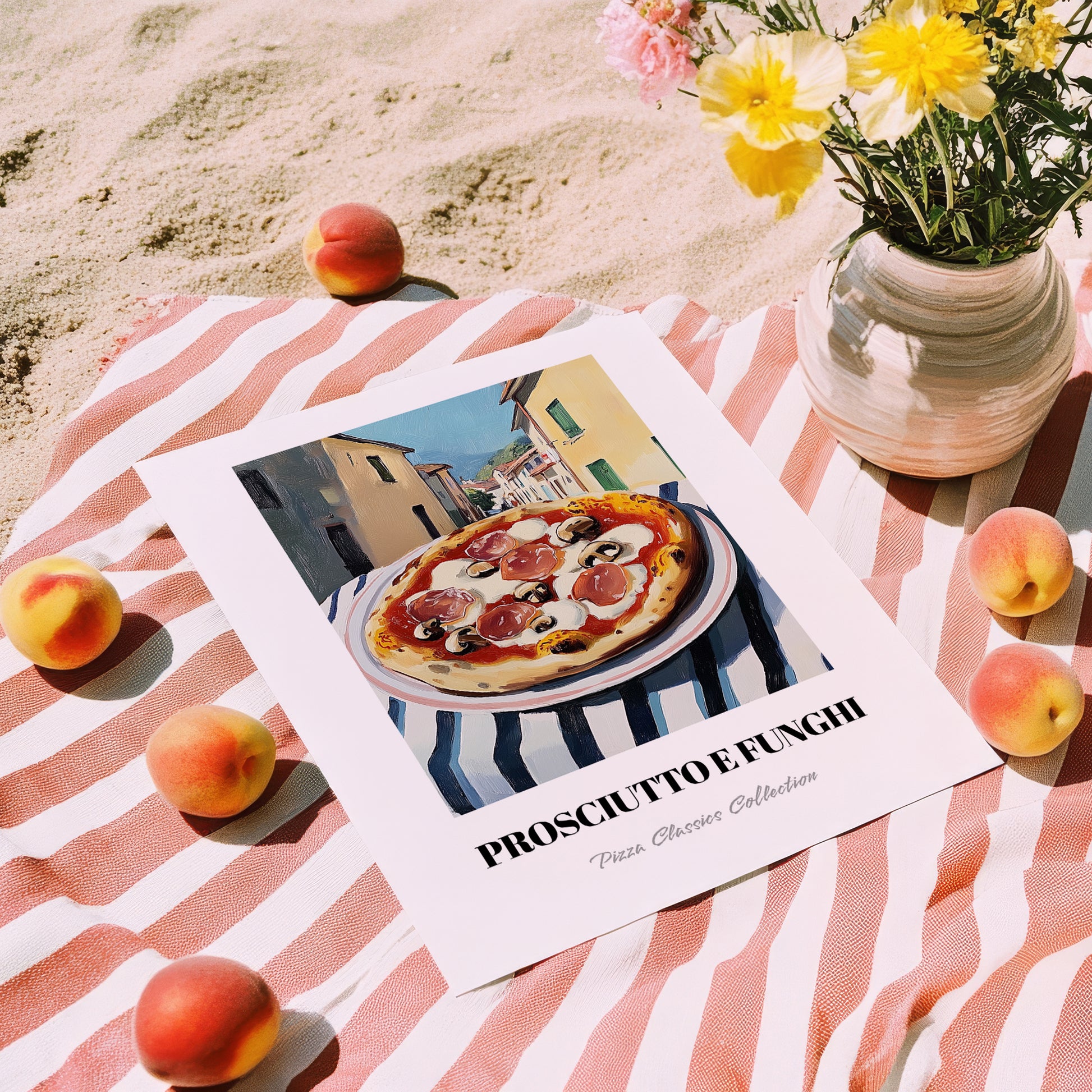 Pizza Prosciutto E Funghi – Italian Urban Café Scene, Pizza Wall Decor, unframed on coastal sand
