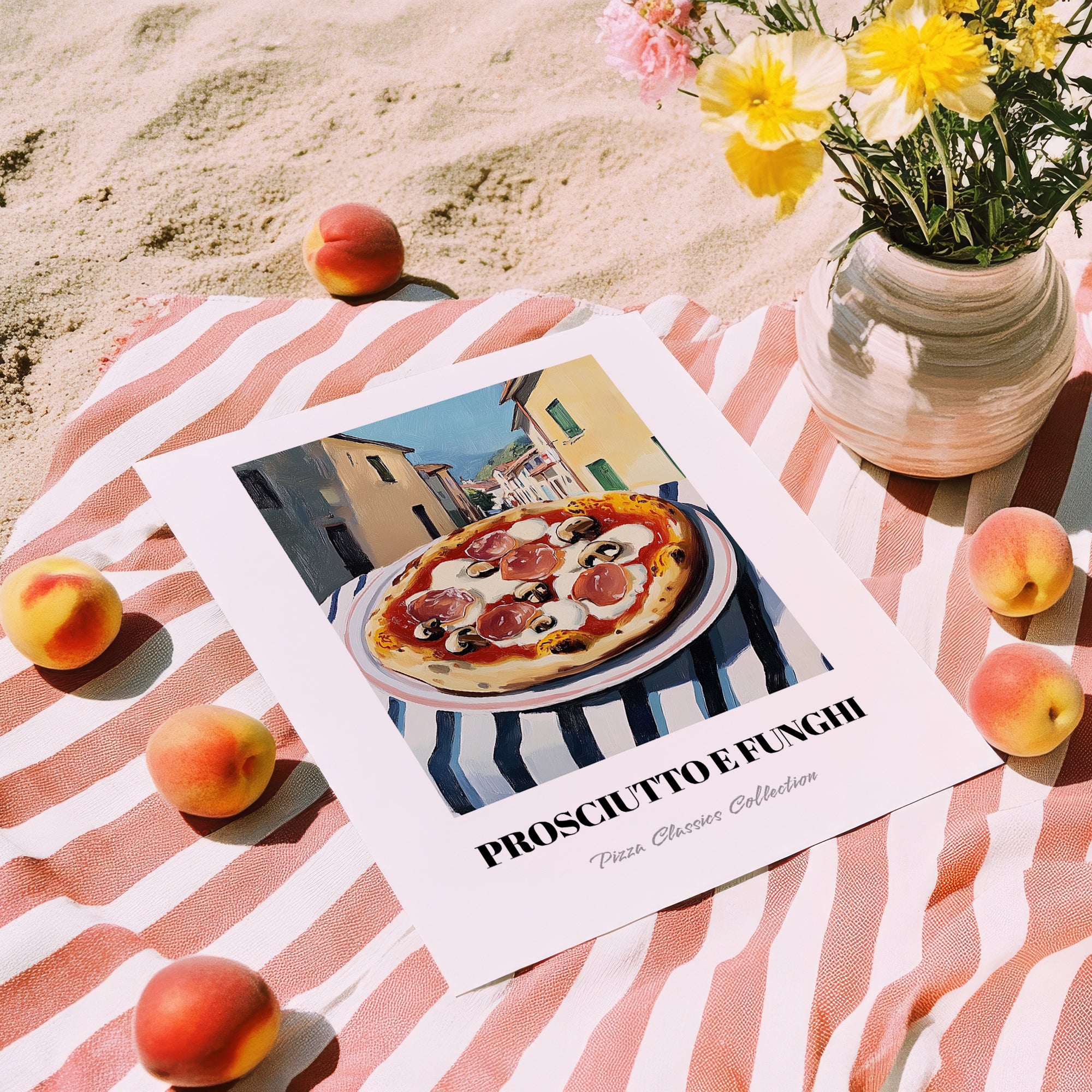 Pizza Prosciutto E Funghi – Italian Urban Café Scene, Pizza Wall Decor, unframed on coastal sand