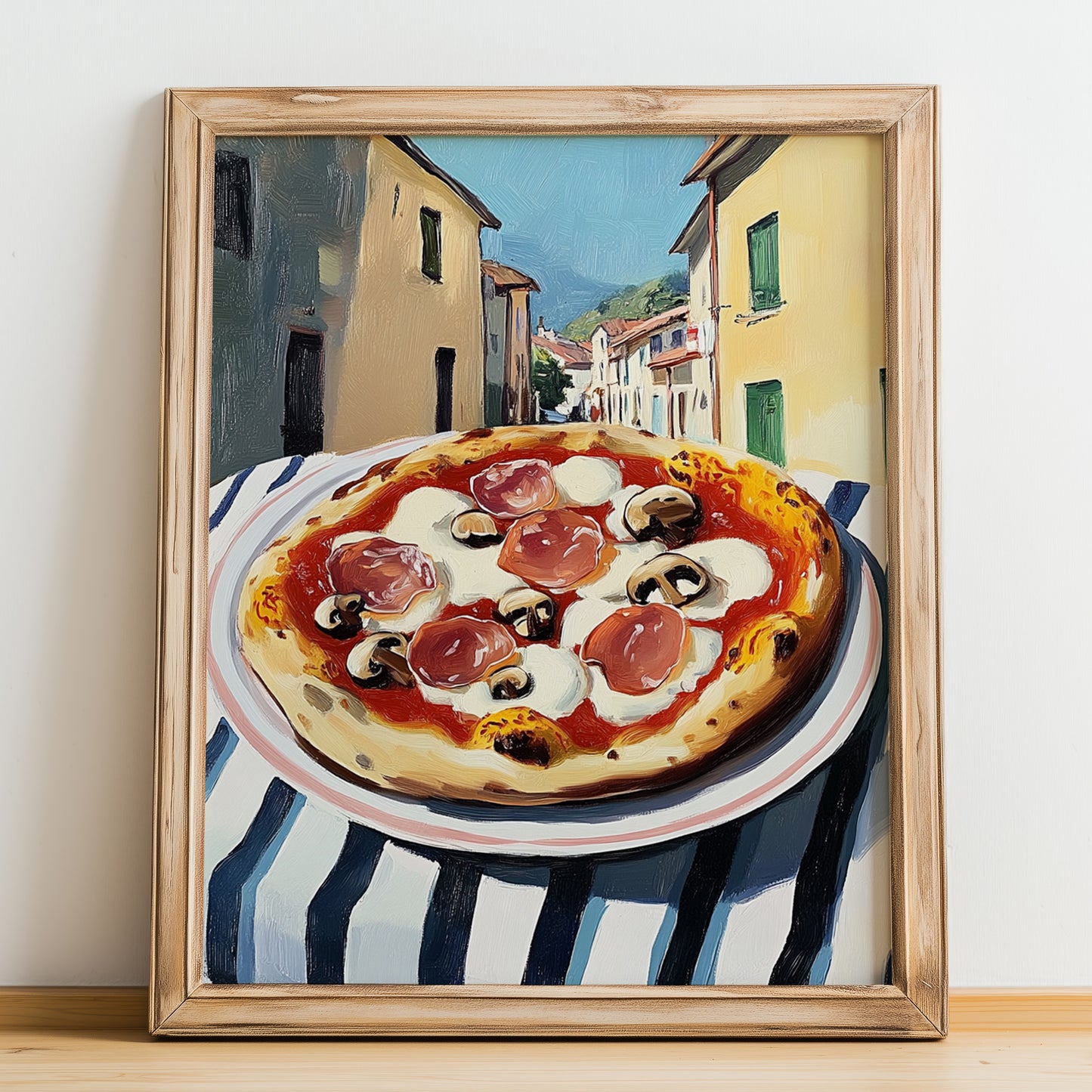 Pizza Prosciutto E Funghi – Italian Urban Café Scene, Pizza Wall Decor, no-text version framed in wood