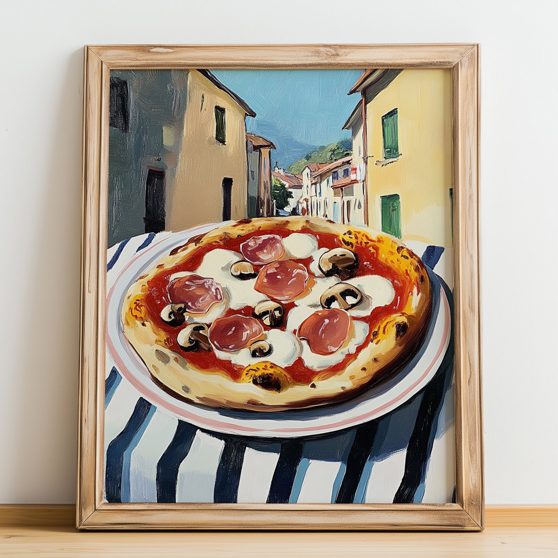 Pizza Prosciutto E Funghi – Italian Urban Café Scene, Pizza Wall Decor, no-text version framed in wood