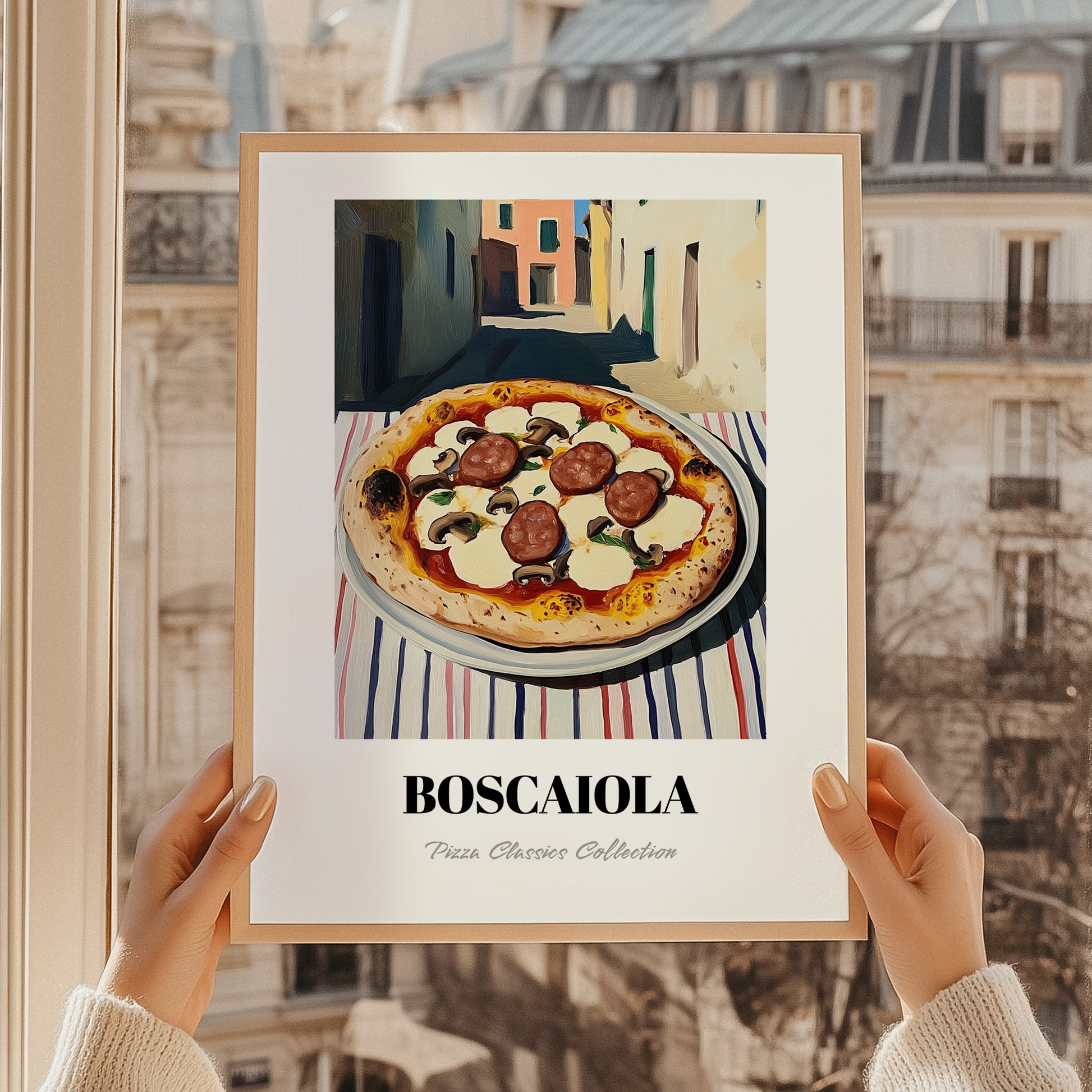 Pizza Boscaiola – Italian Urban Café Scene, Pizza Painting, styled in a charming Paris street view