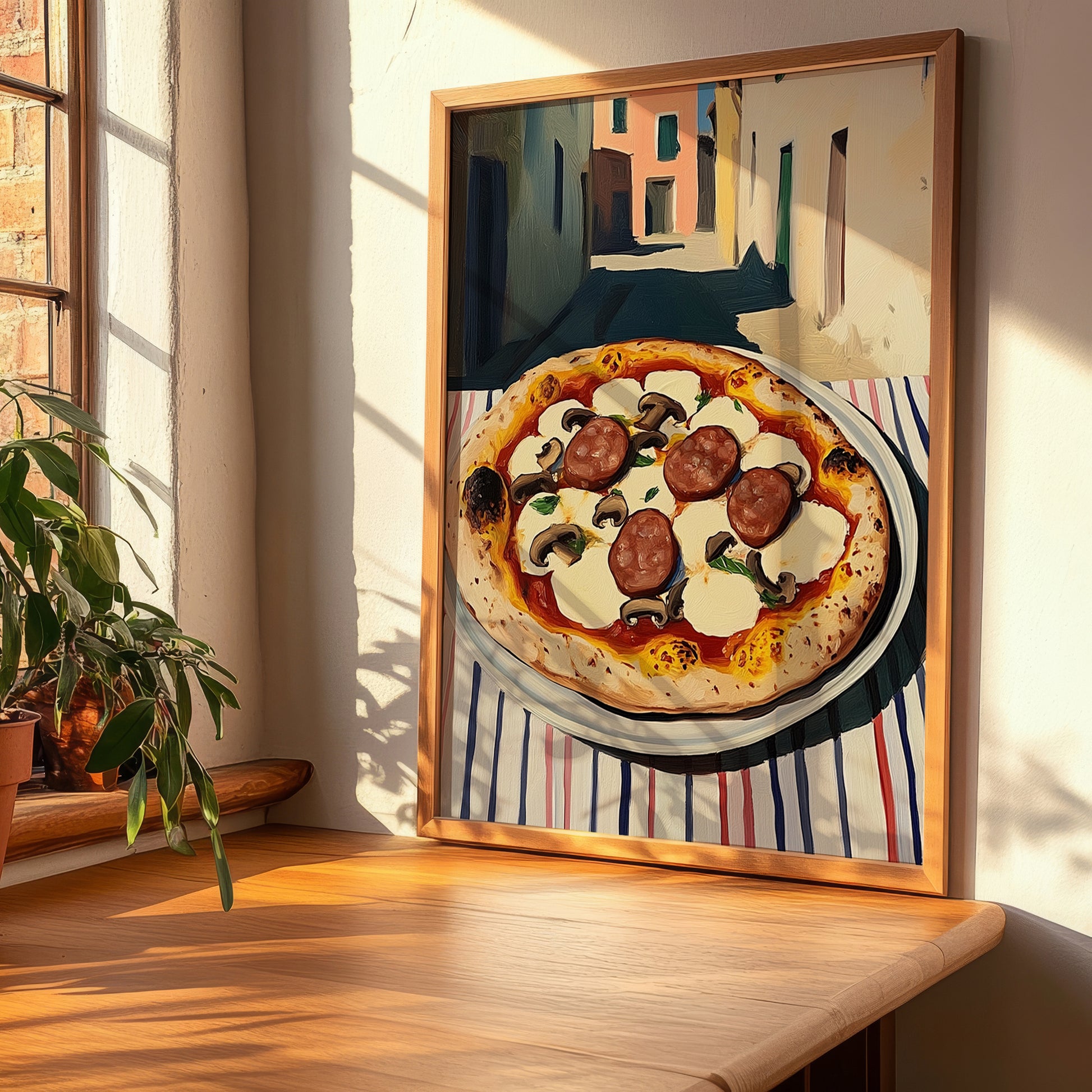 Pizza Boscaiola – Italian Urban Café Scene, Pizza Painting, clean layout with no caption