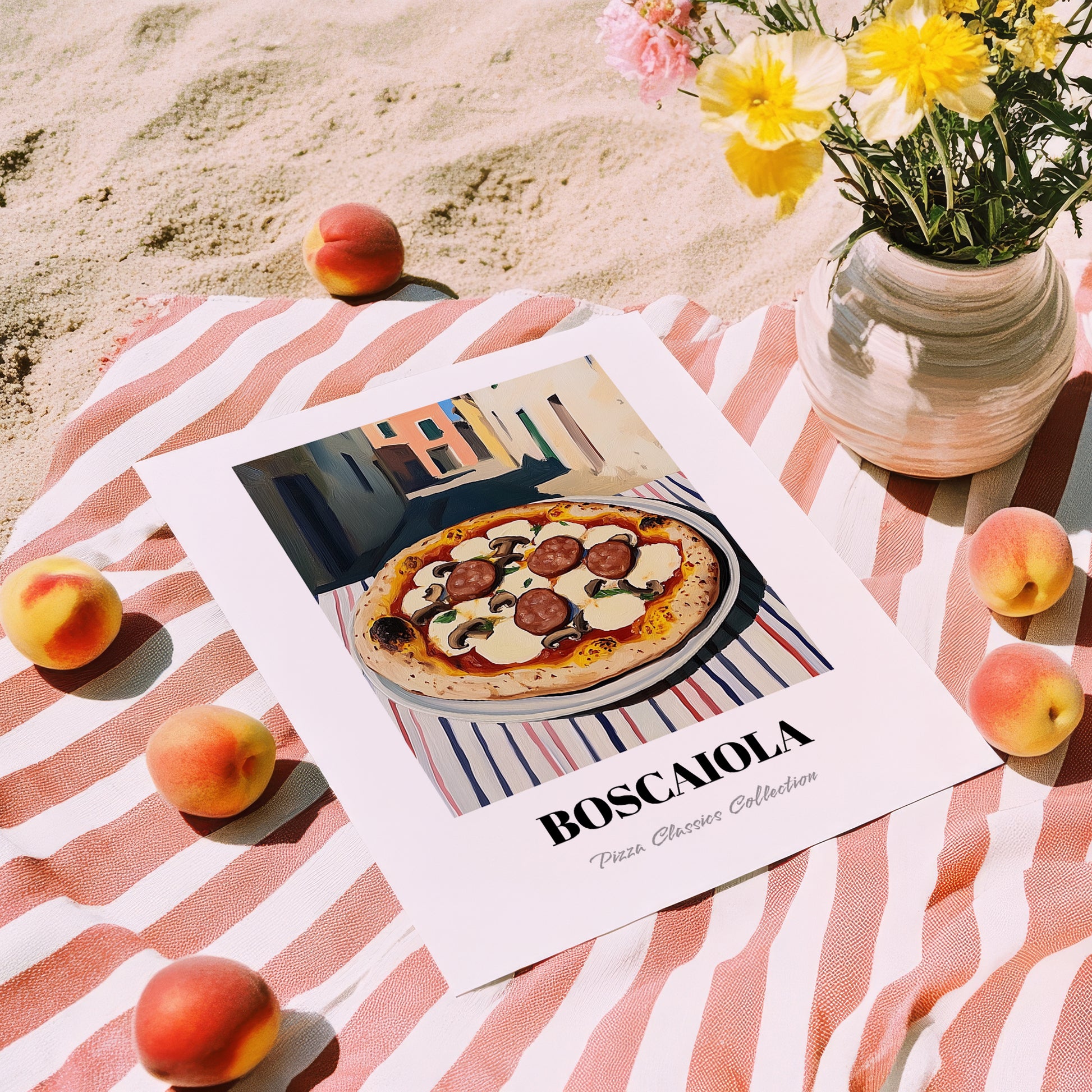 Pizza Boscaiola – Italian Urban Café Scene, Pizza Painting, unframed on coastal sand