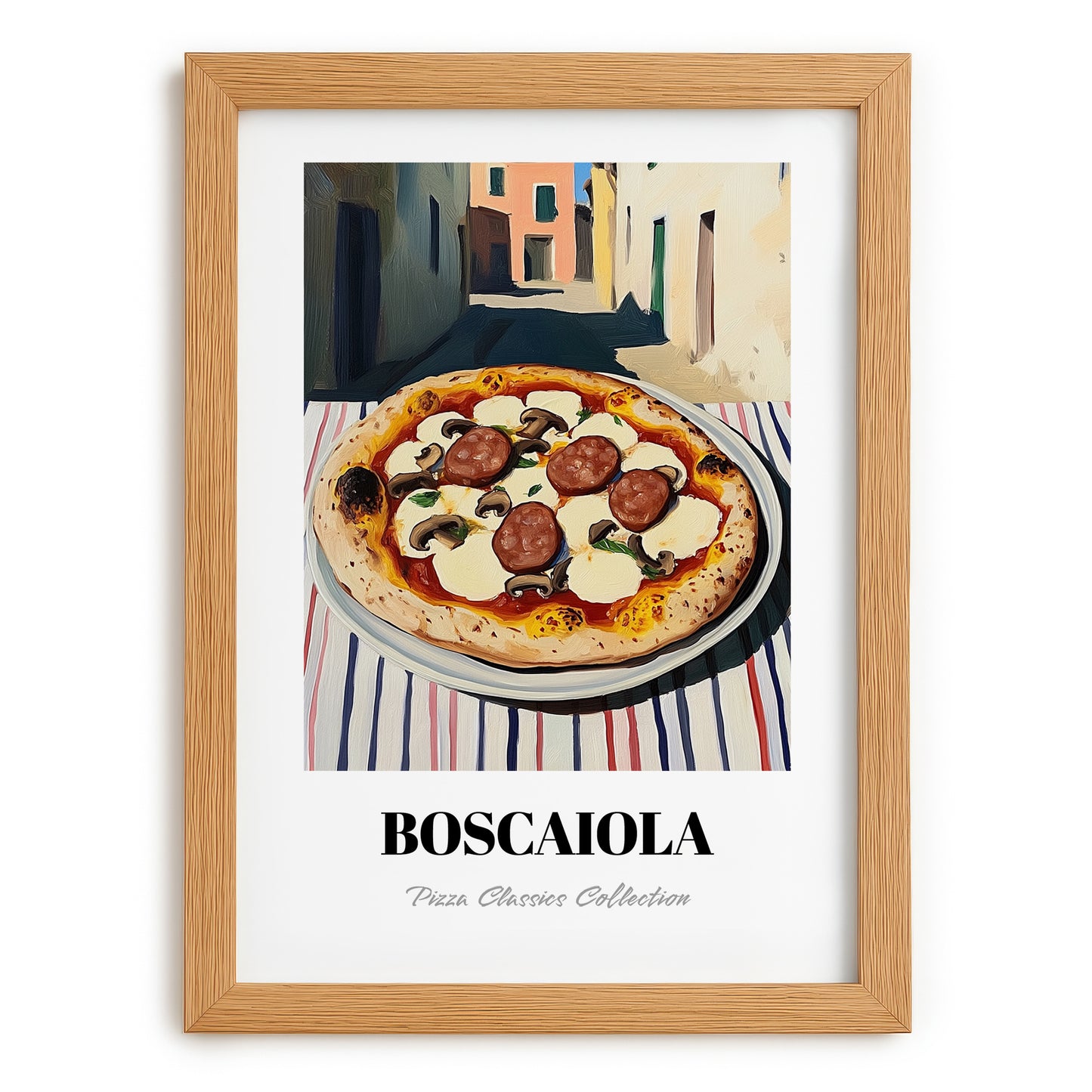 Pizza Boscaiola – Italian Urban Café Scene, Pizza Painting, set in oak frame