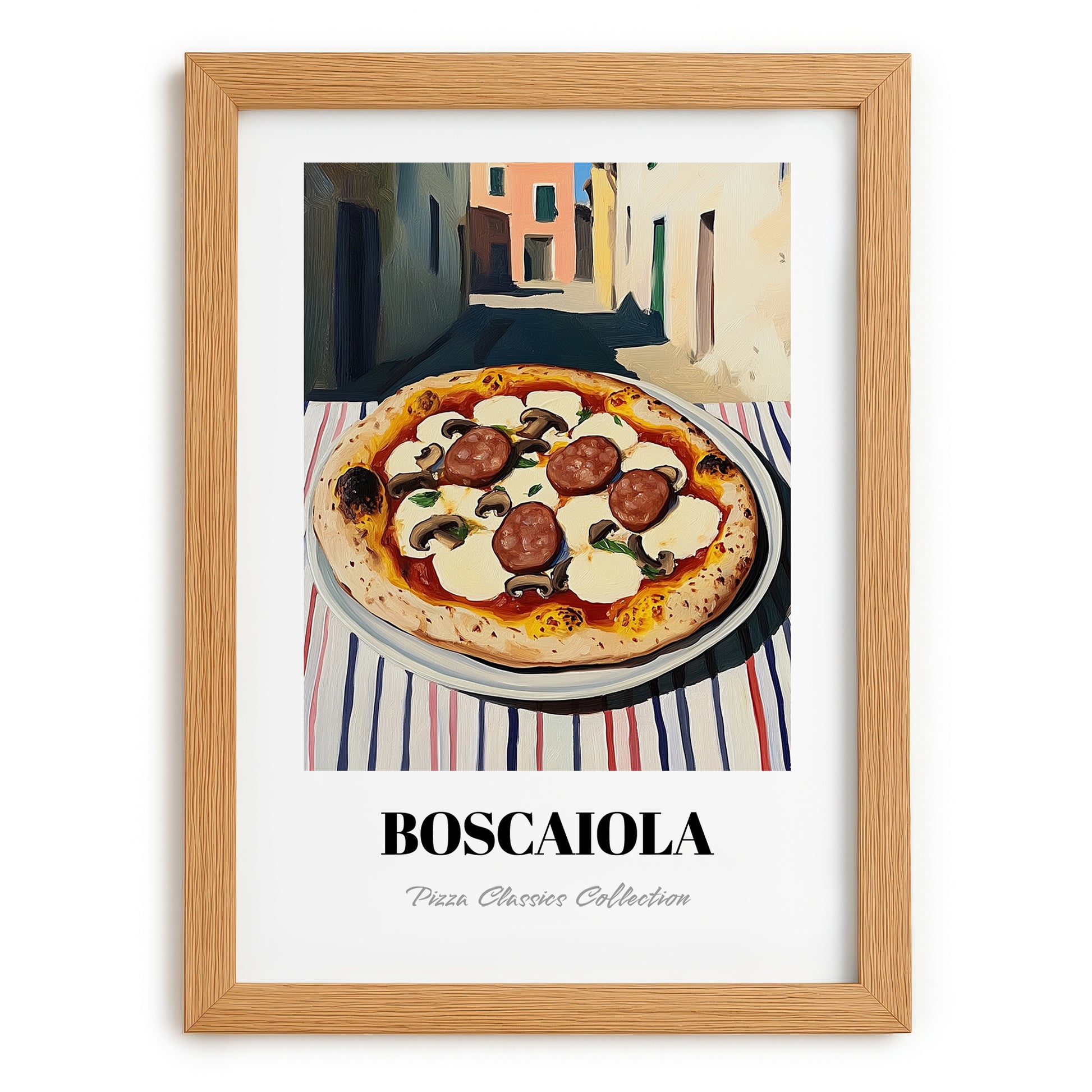 Pizza Boscaiola – Italian Urban Café Scene, Pizza Painting, set in oak frame