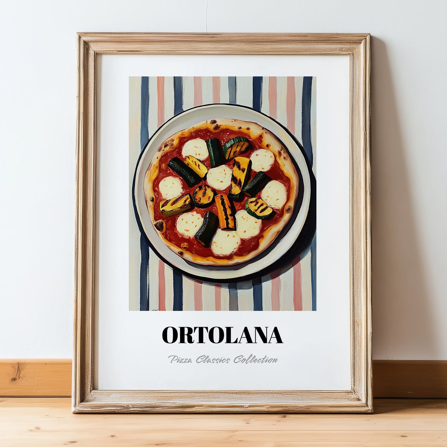 Ortolana – on Striped Tablecloth, Pizza Wall Decor, in wooden frame leaning on the floor