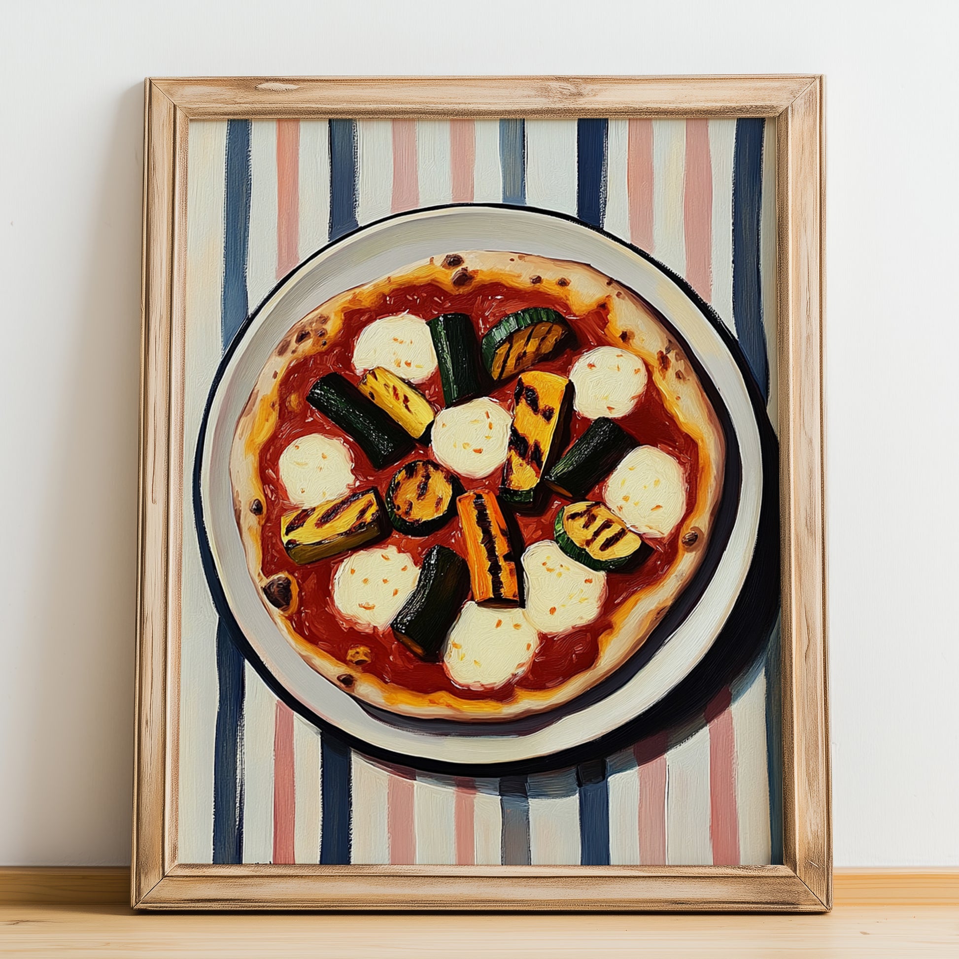 Ortolana – on Striped Tablecloth, Pizza Wall Decor, no-text version framed in wood