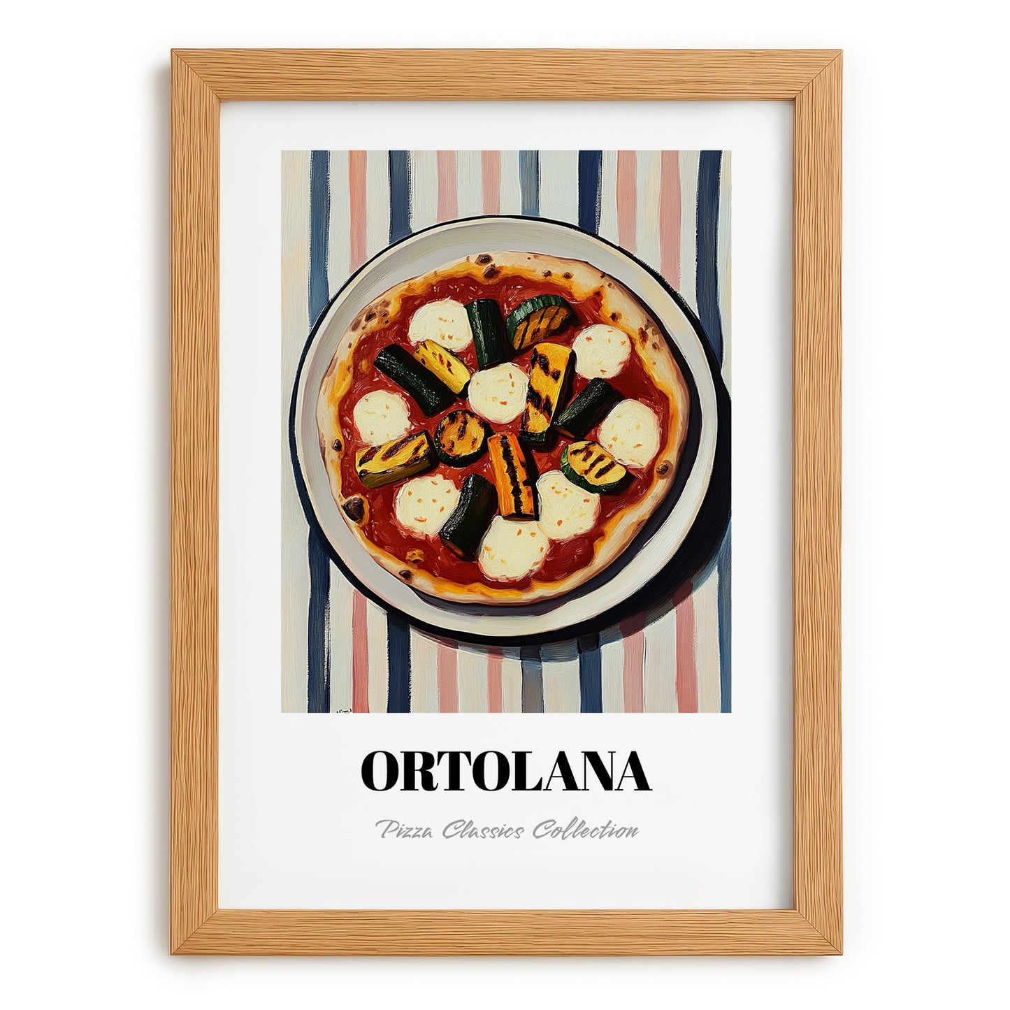 Ortolana – on Striped Tablecloth, Pizza Wall Decor, set in oak frame