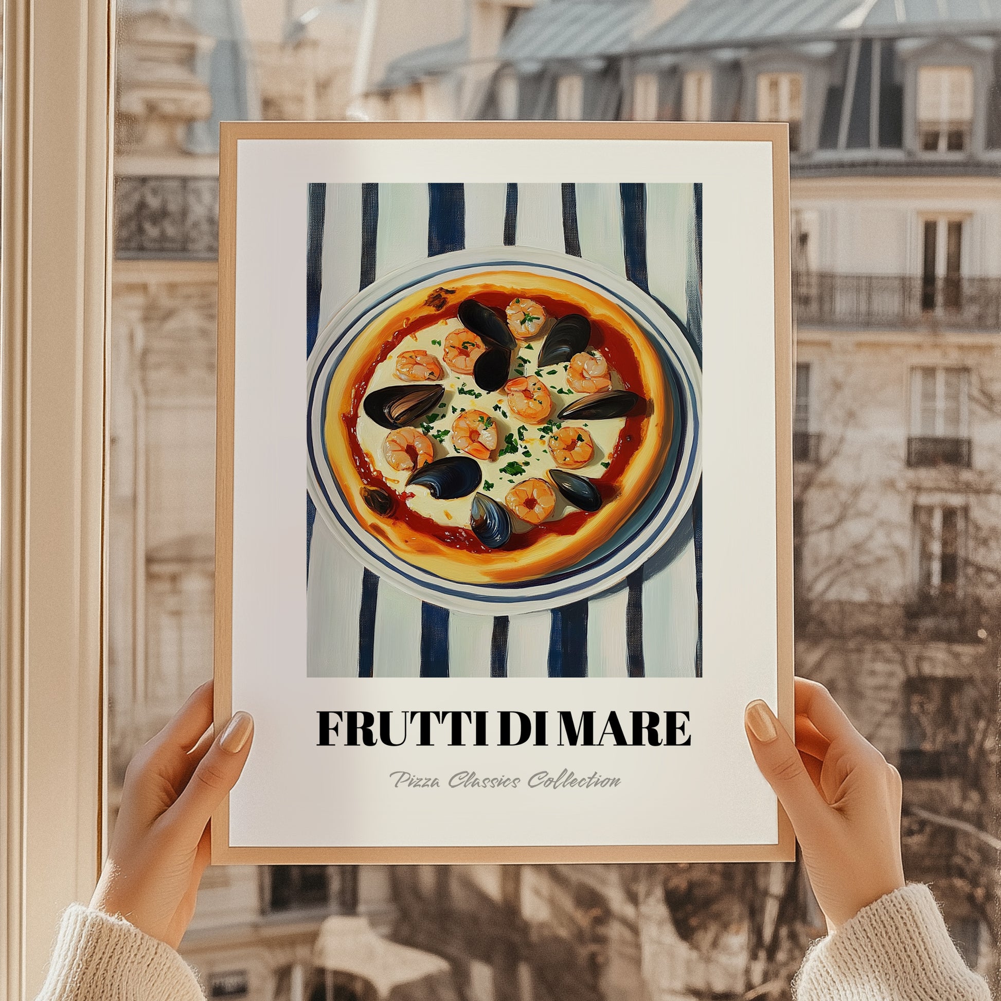 Frutti Di Mare – on Striped Tablecloth, Pizza Wall Illustration, styled in a charming Paris street view