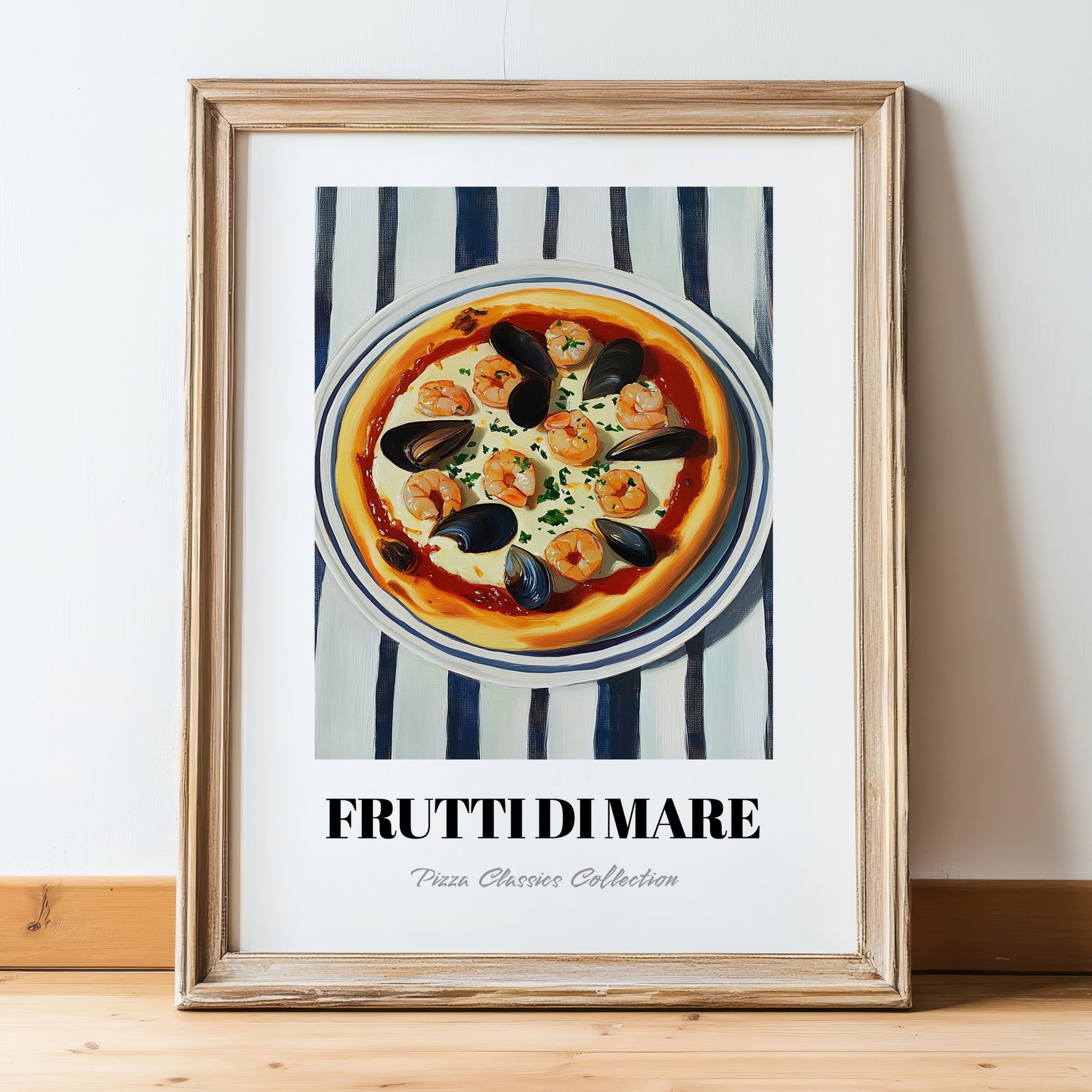 Frutti Di Mare – on Striped Tablecloth, Pizza Wall Illustration, in wooden frame leaning on the floor