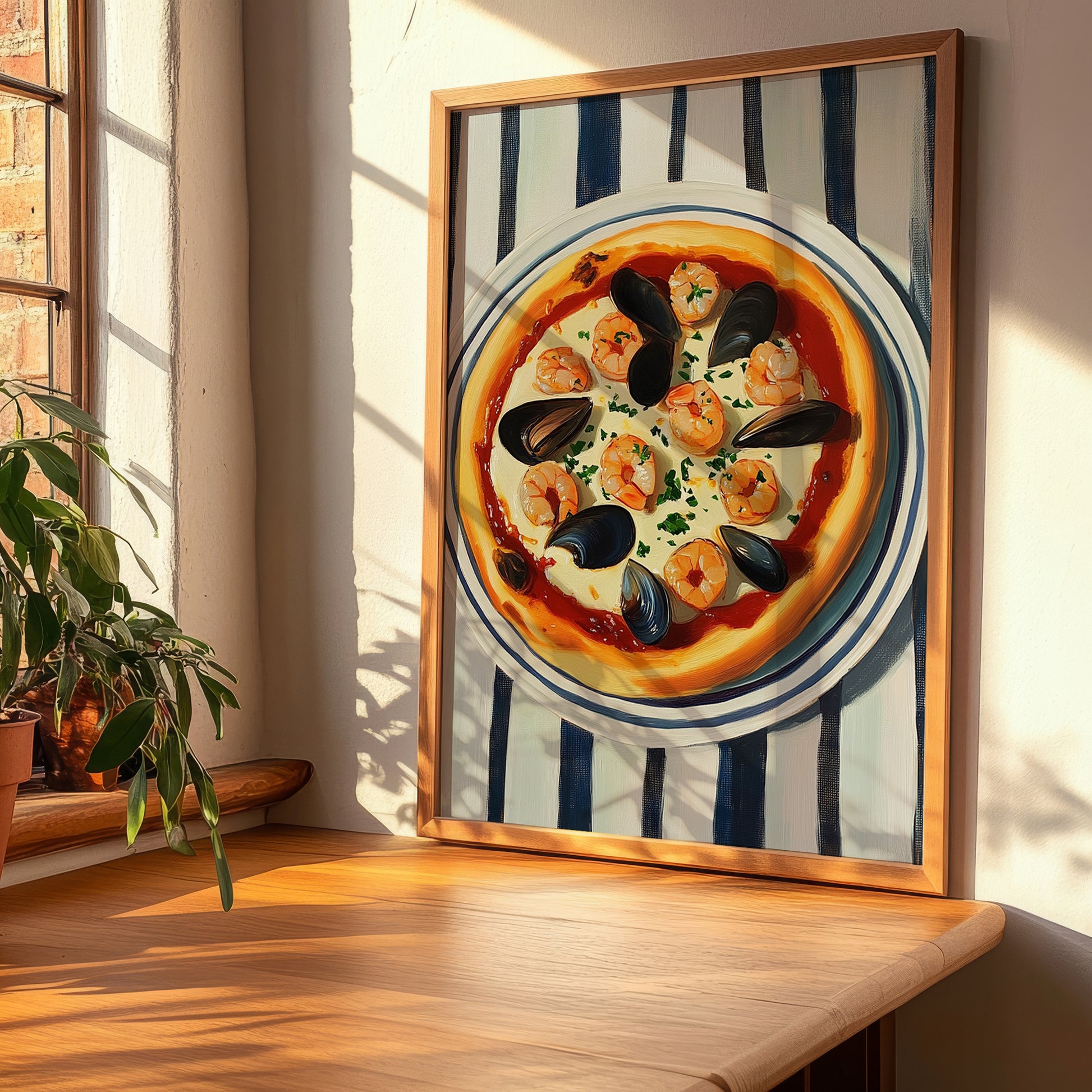 Frutti Di Mare – on Striped Tablecloth, Pizza Wall Illustration, clean layout with no caption