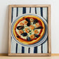 Frutti Di Mare – on Striped Tablecloth, Pizza Wall Illustration, no-text version framed in wood