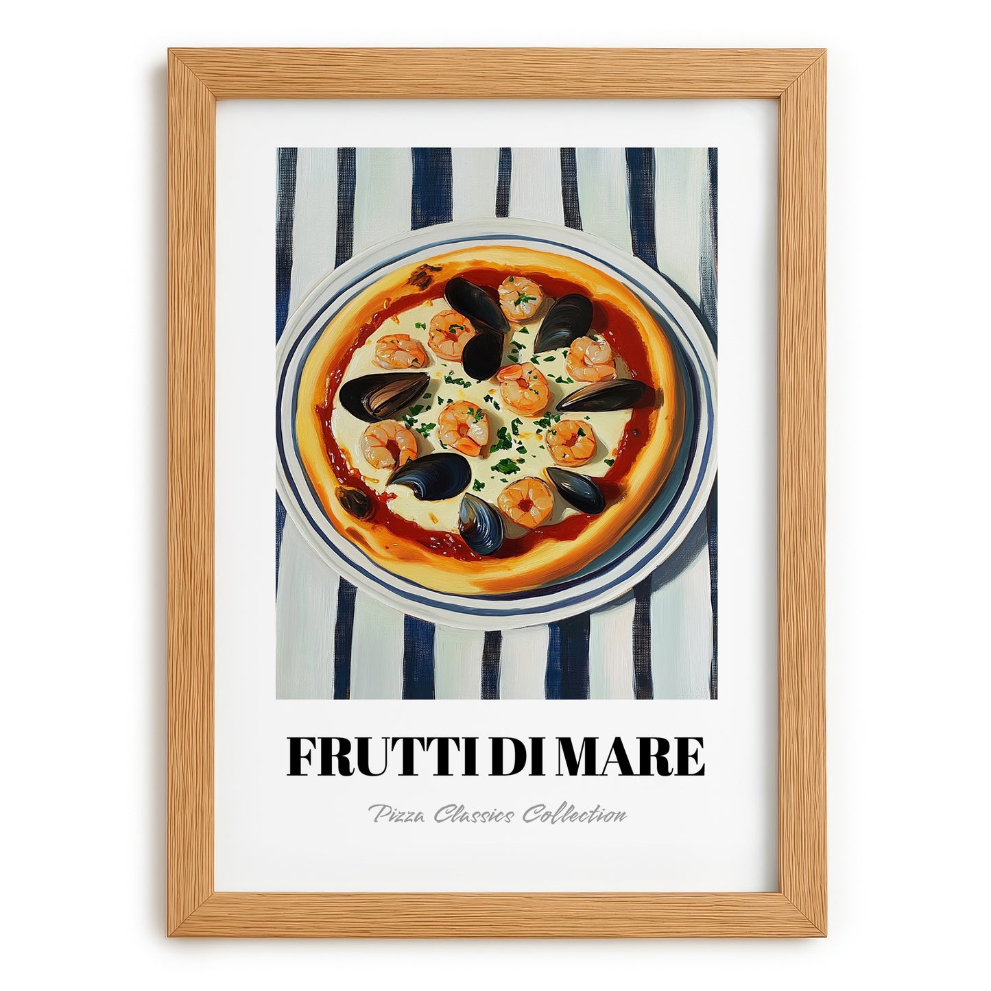 Frutti Di Mare – on Striped Tablecloth, Pizza Wall Illustration, set in oak frame