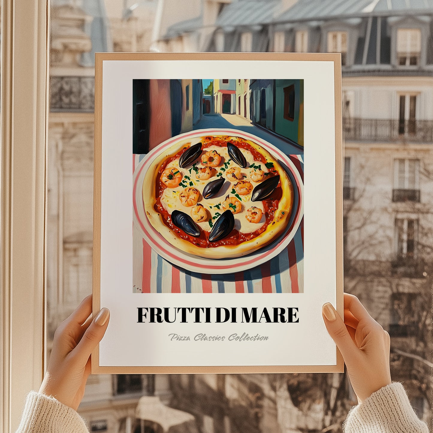 Pizza Frutti Di Mare – Italian Street Café Scene, Pizza Wall Decor, styled in a charming Paris street view