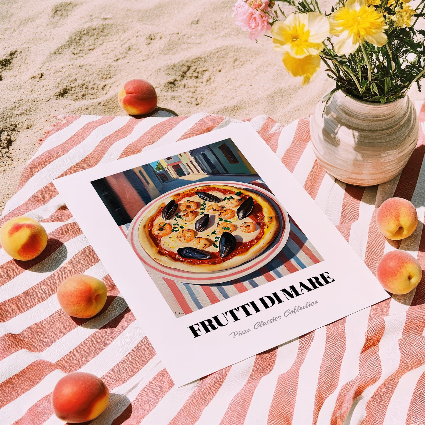 Pizza Frutti Di Mare – Italian Street Café Scene, Pizza Wall Decor, unframed on coastal sand