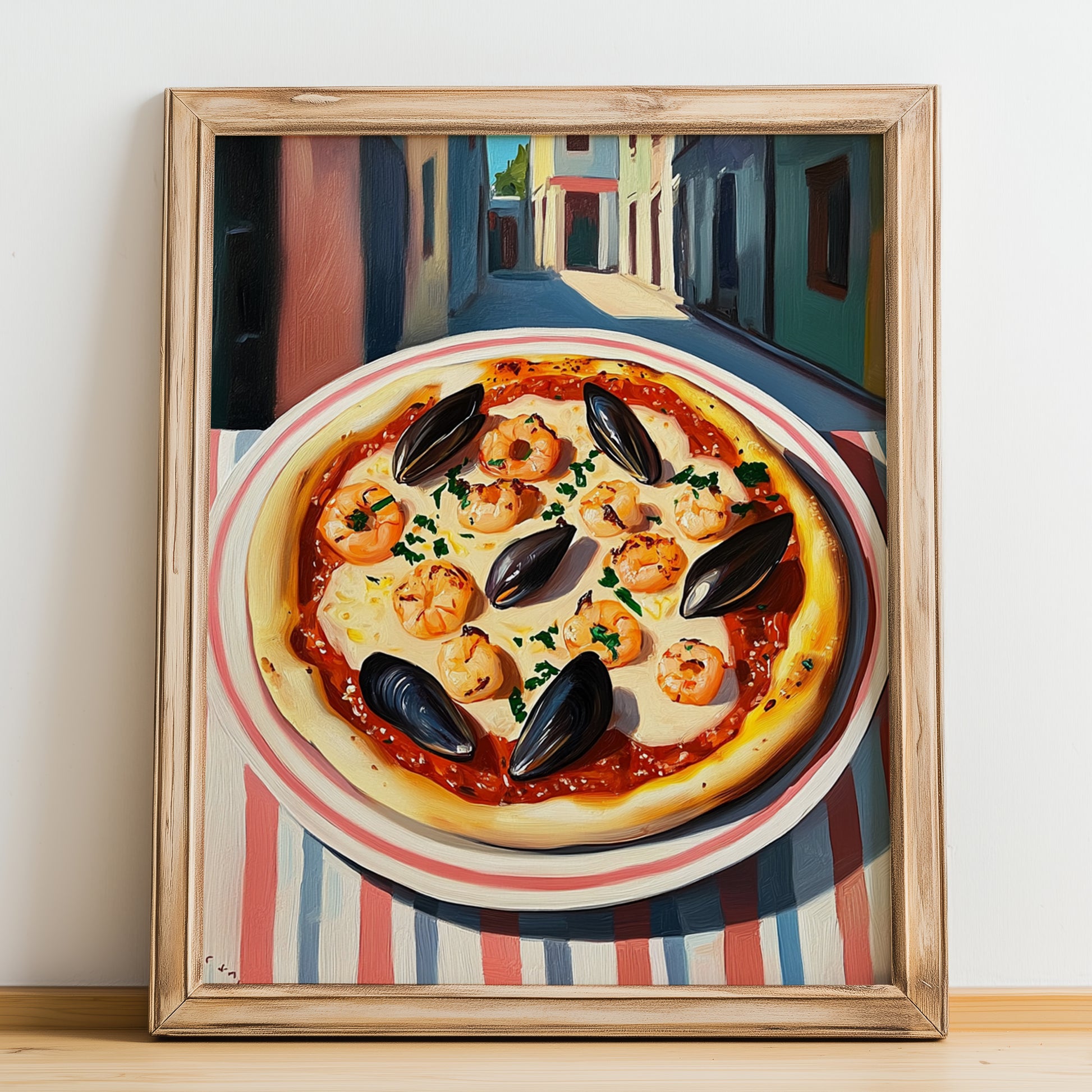 Pizza Frutti Di Mare – Italian Street Café Scene, Pizza Wall Decor, no-text version framed in wood