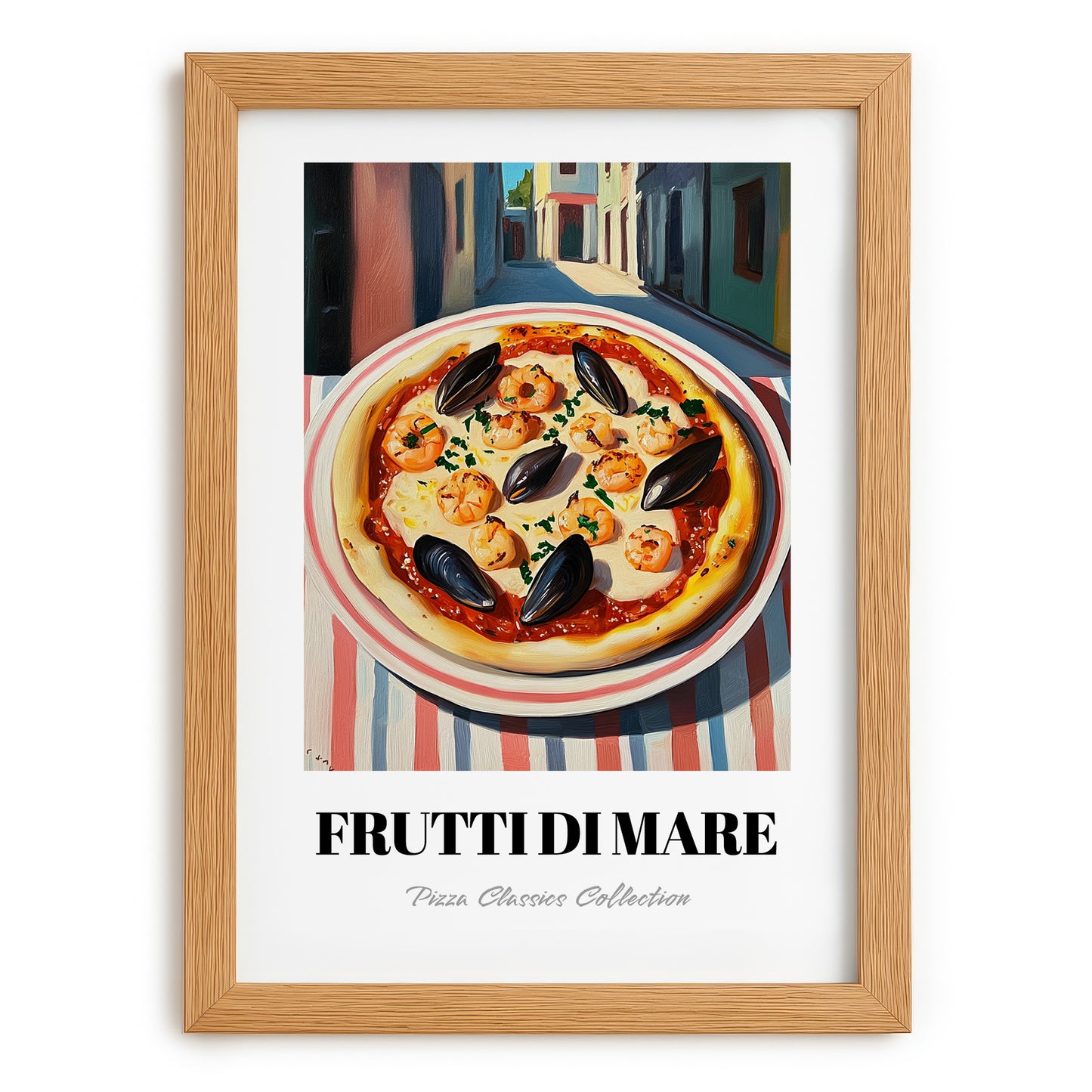 Pizza Frutti Di Mare – Italian Street Café Scene, Pizza Wall Decor, set in oak frame