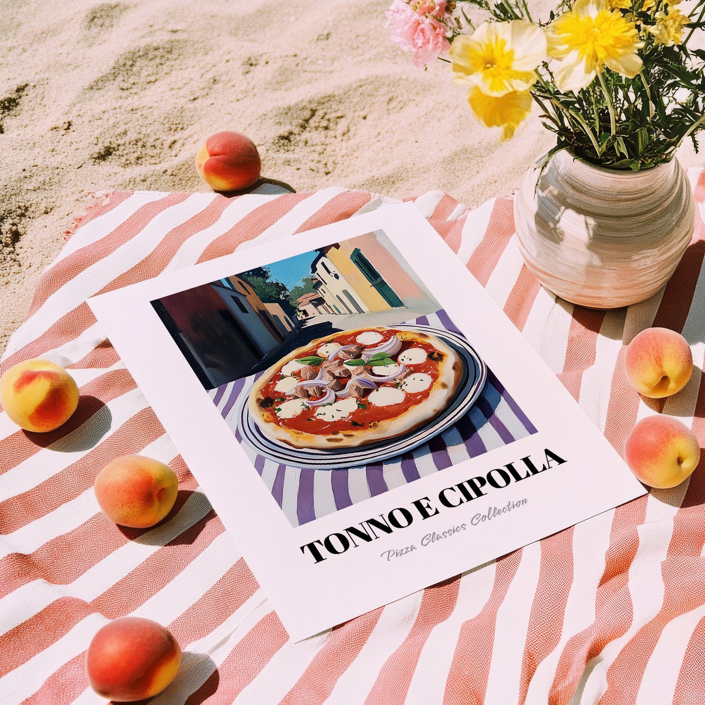 Pizza Tonno E Cipolla – Italian Street Café Scene, Pizza Wall Decor, unframed on coastal sand
