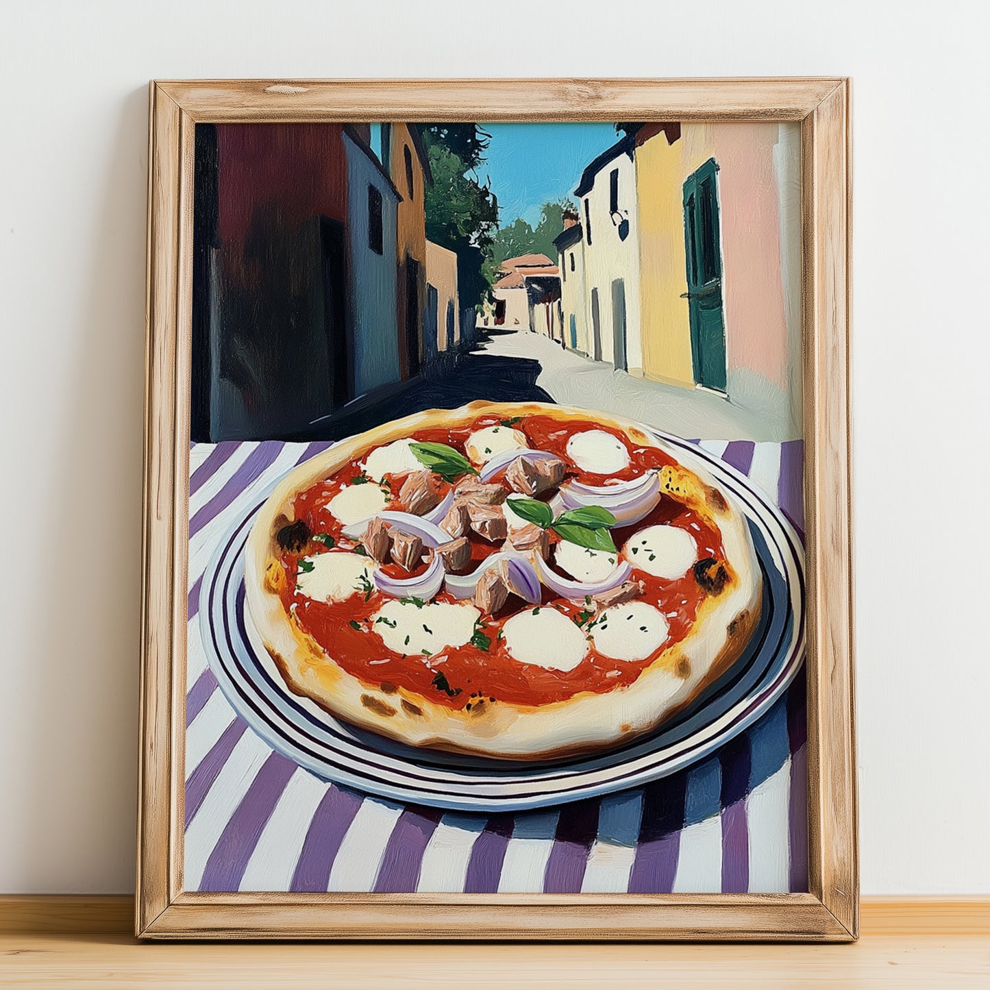 Pizza Tonno E Cipolla – Italian Street Café Scene, Pizza Wall Decor, no-text version framed in wood