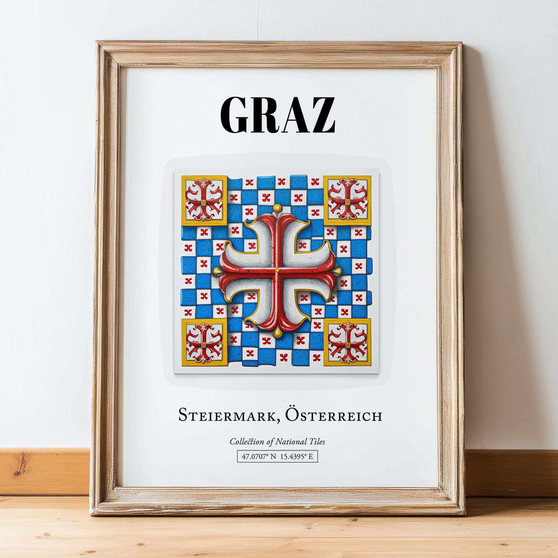 Graz, Austria – Travel Poster, in wooden frame leaning on the floor