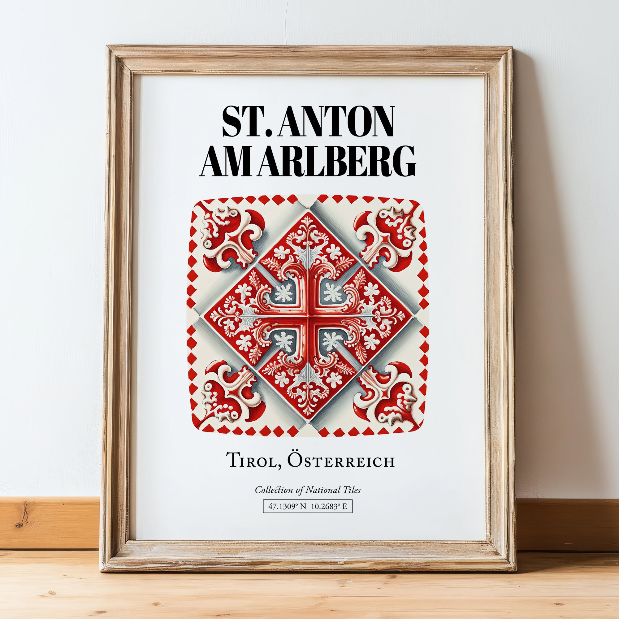 St. Anton Am Arlberg, Austria – Travel Print, in wooden frame leaning on the floor