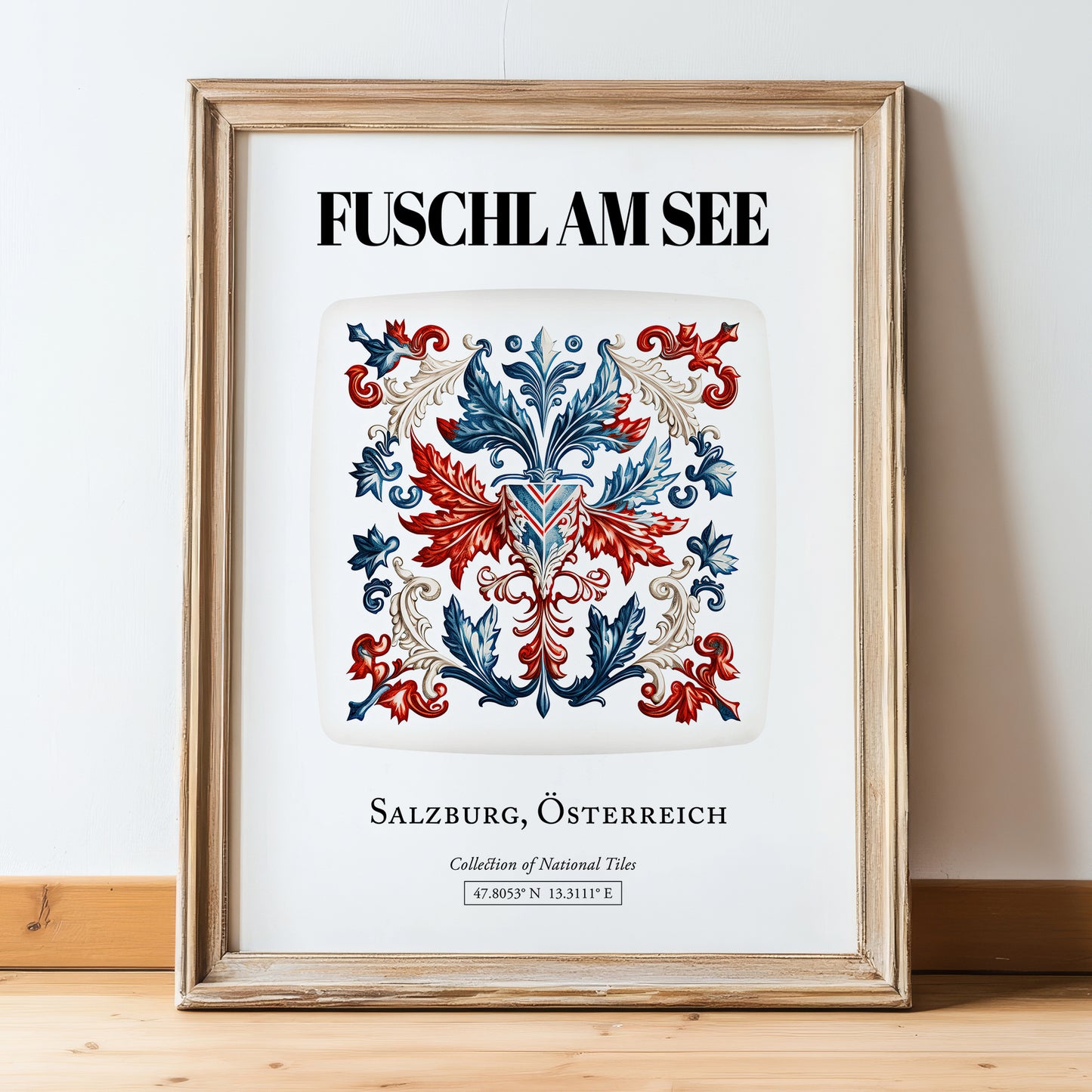Fuschl Am See, Austria – Travel Poster, in wooden frame leaning on the floor
