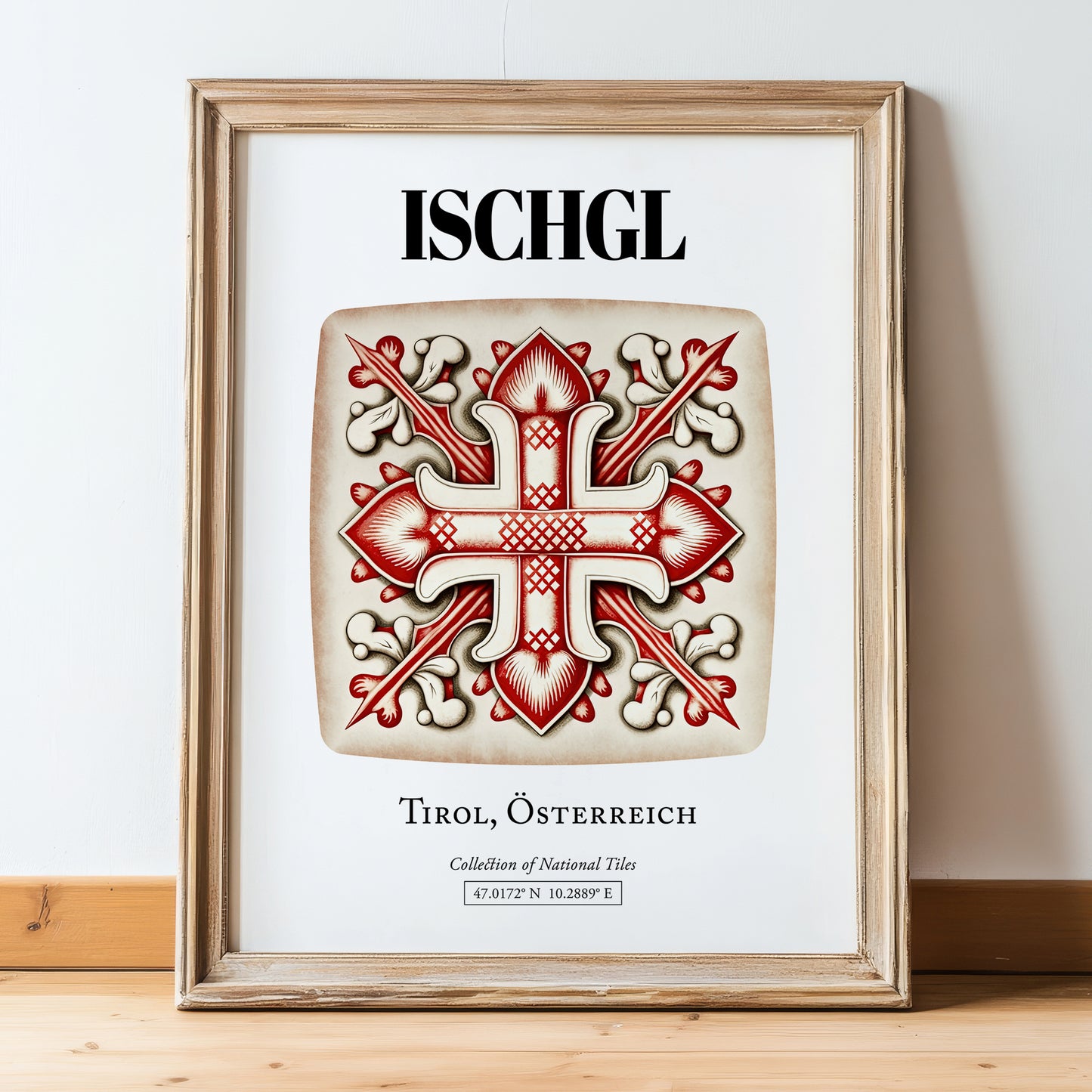 Ischgl, Austria – Travel Poster, in wooden frame leaning on the floor